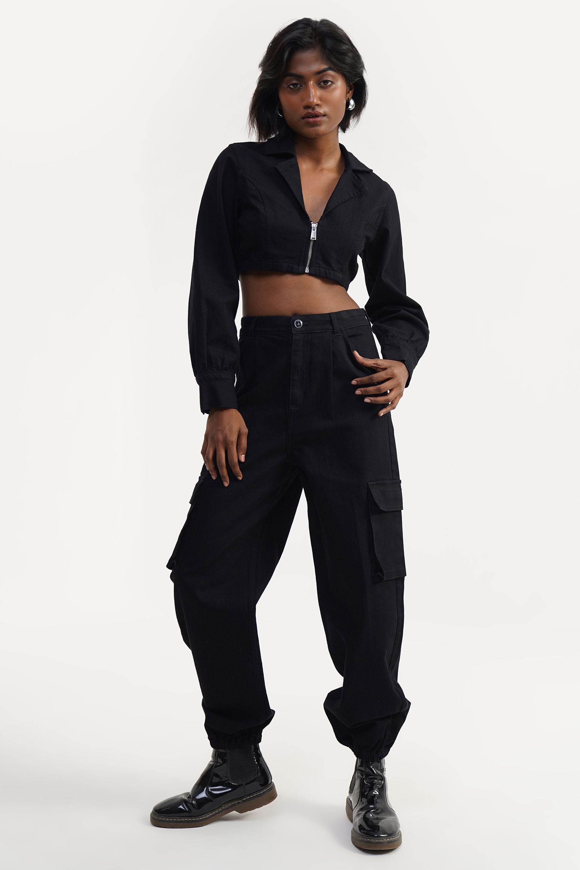Black crop jacket with cargo jogger pant co-ord set, cotton blend, minimal style, sizes XS-XL