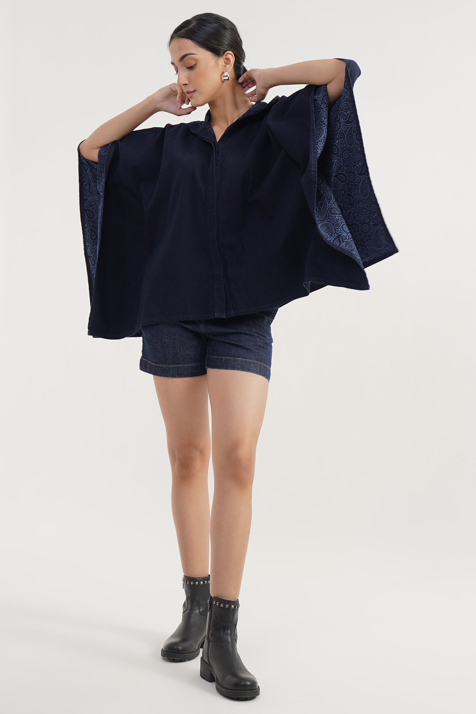 Navy ark blue hooded relaxed fit top in 100% cotton, rinse wash, minimal look from Hidden Bloom Paisley Haven Veil