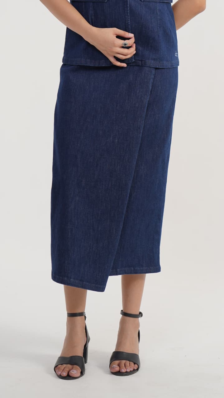 Navy lycra wraparound skirt in relaxed fit, minimal rinse-wash cotton elastane, Wrap Whisper Twist Drape style