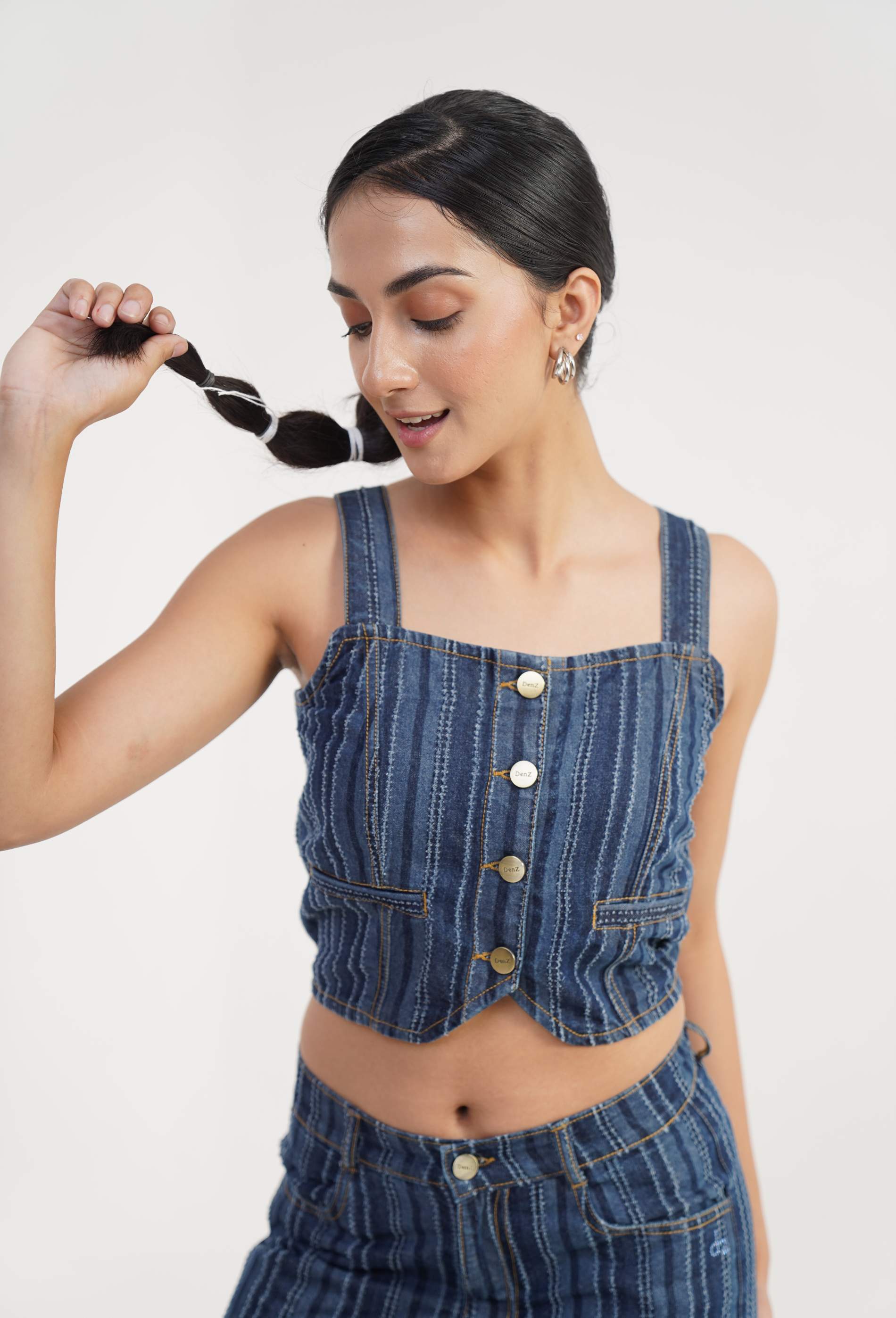 Dark blue pure cotton retro crop top from India with laser printed drill texture, shoulder straps and front buttons