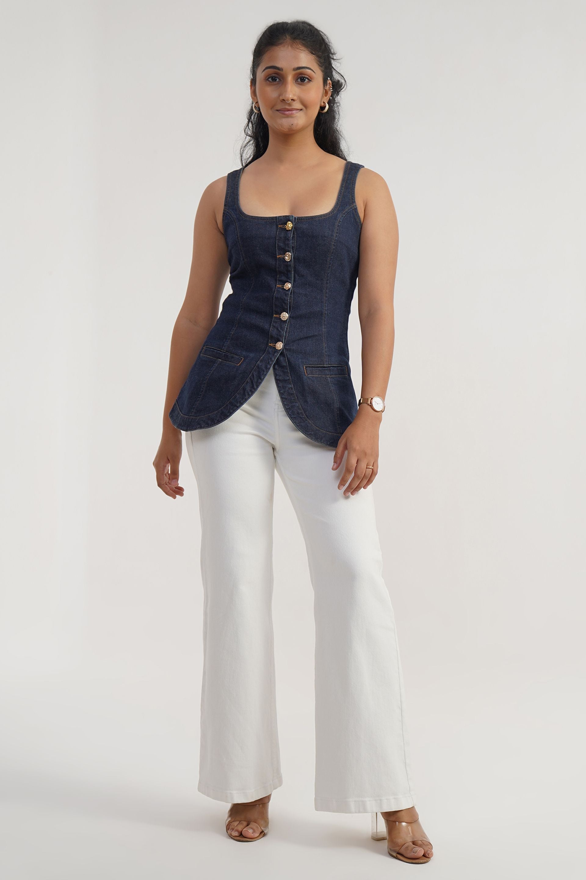 Rustic Row navy relaxed vest, dark blue minimal style, 98% cotton blend, rinse wash, made in India