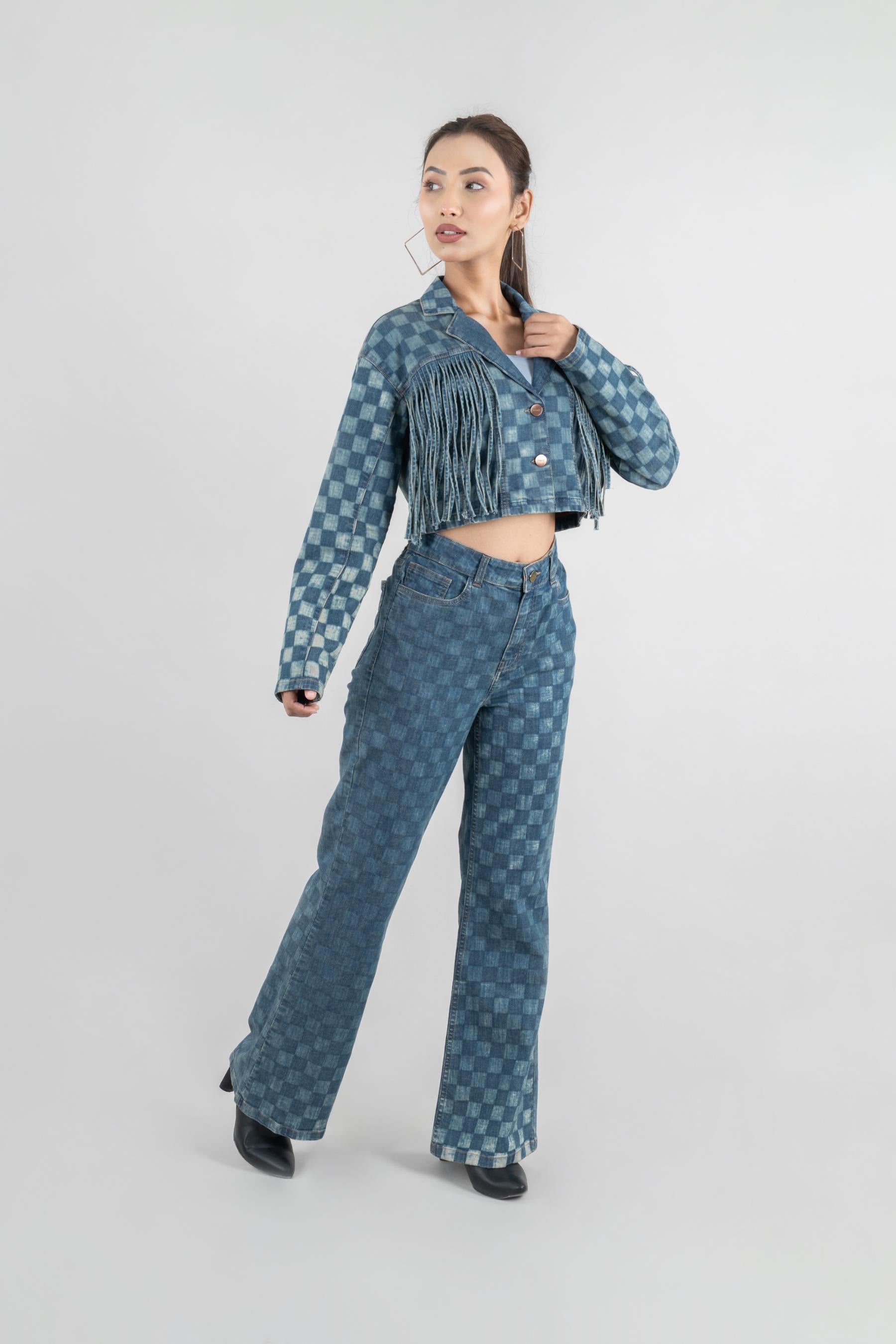 Blue women’s denim co-ord set in cotton elastane, urban fit, tint wash, sizes XS-XL, made in India