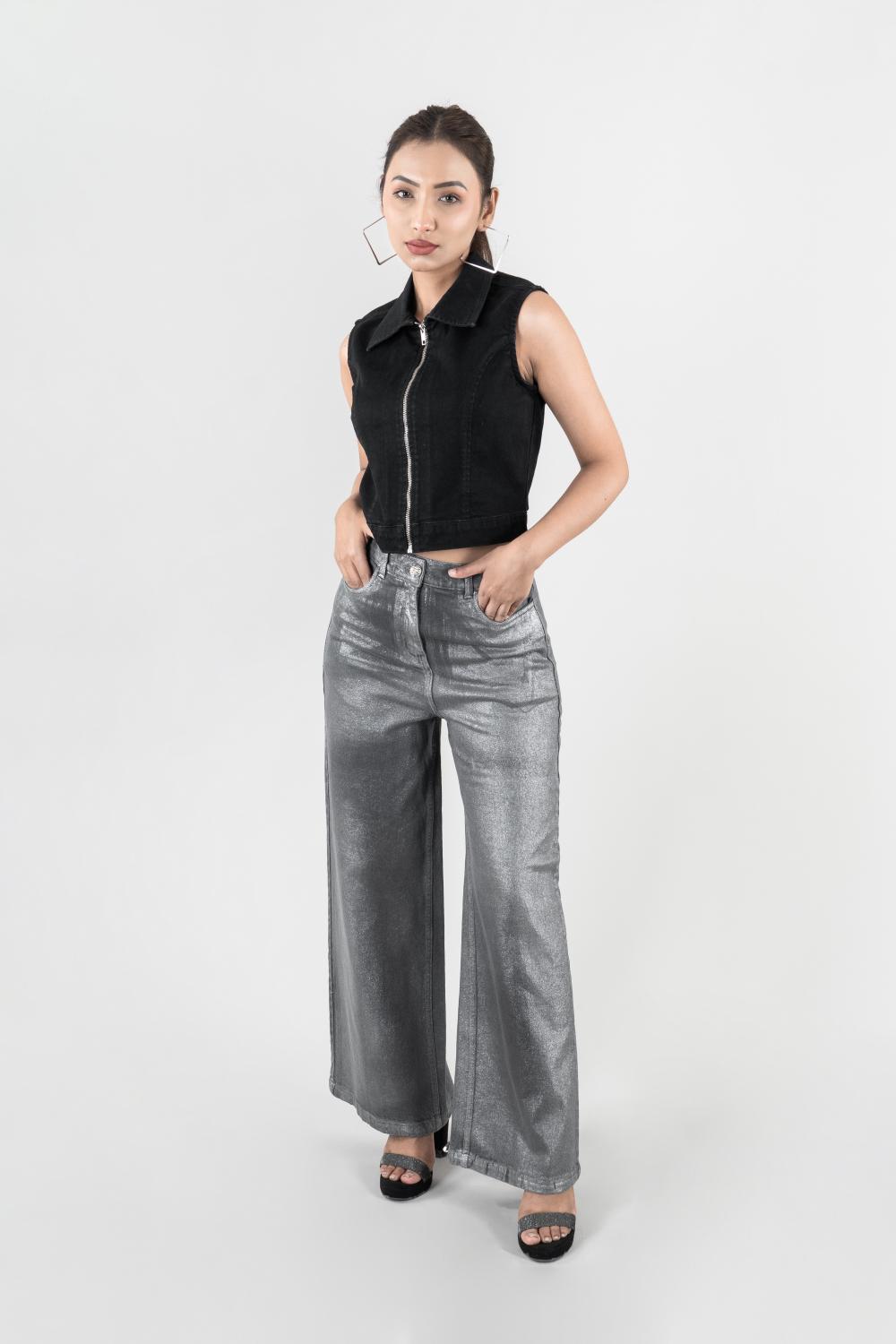 Grey Gleam | Denim Silver Foil Jeans