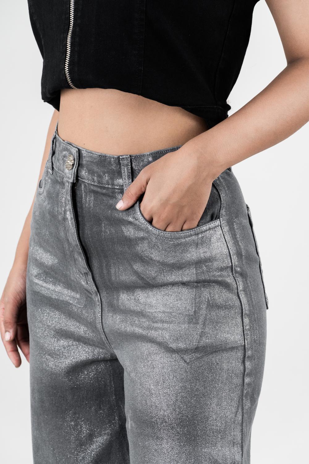 Grey Gleam | Denim Silver Foil Jeans
