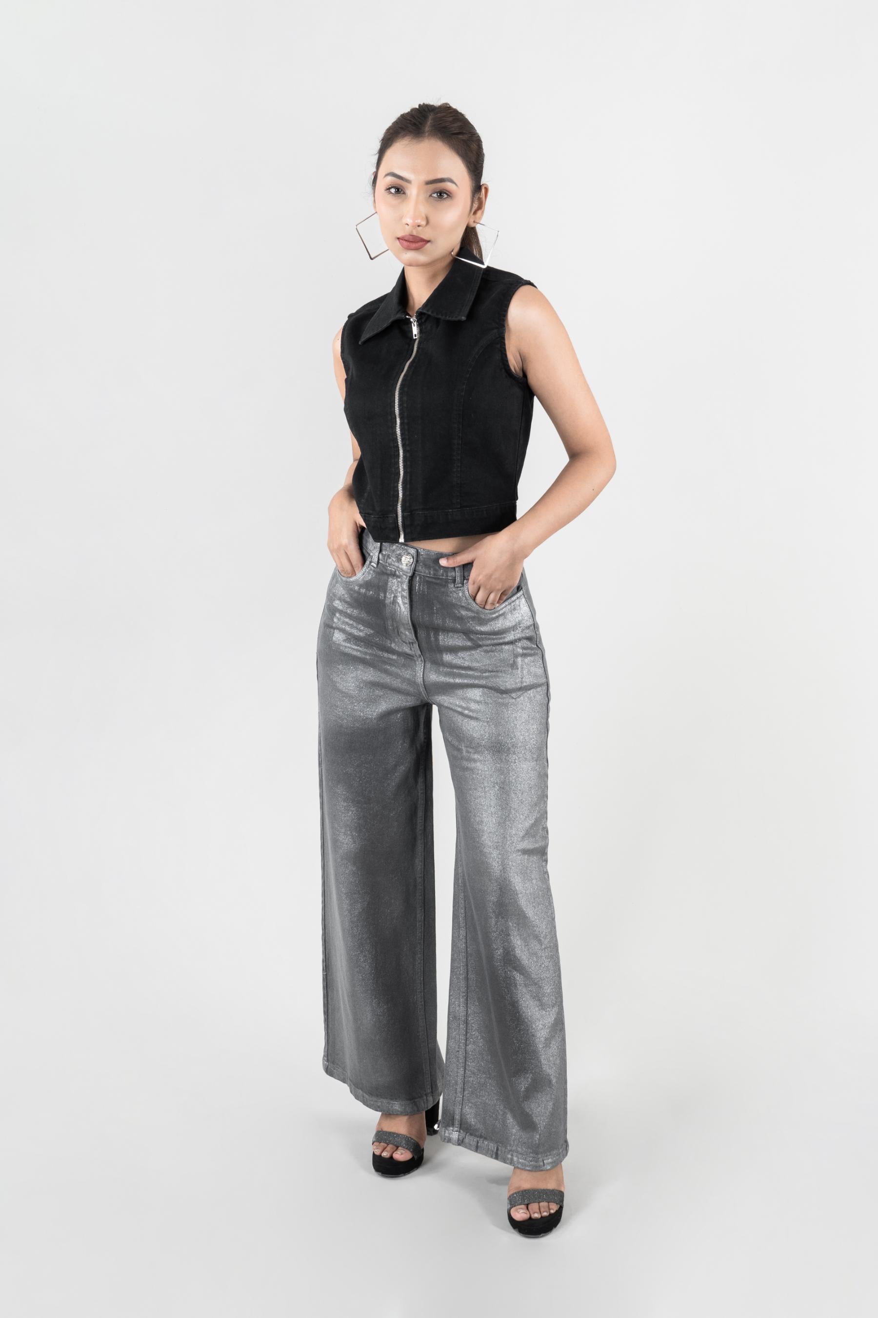 Urban denim co-ord set for women in multi color, cotton elastane, sizes XS-XL, made in India
