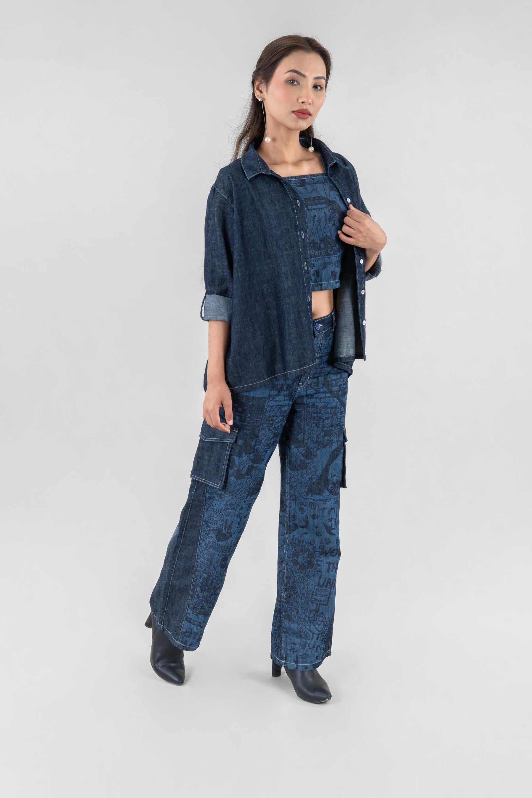 Dark navy blue oversized denim shirt jacket for women, 100% cotton urban style, sizes XS-XL