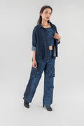 Denim Shirt Oversized Jacket for Women in Dark Navy Blue
