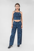 Women's Dark Navy Blue Denim Crop Top, 100% Cotton Urban Fit