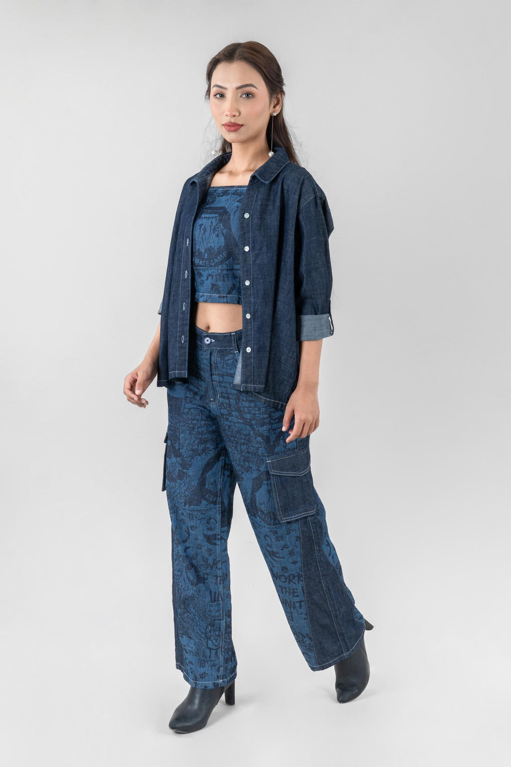 Women's Dark Navy Blue Denim Crop Top, 100% Cotton Urban Fit