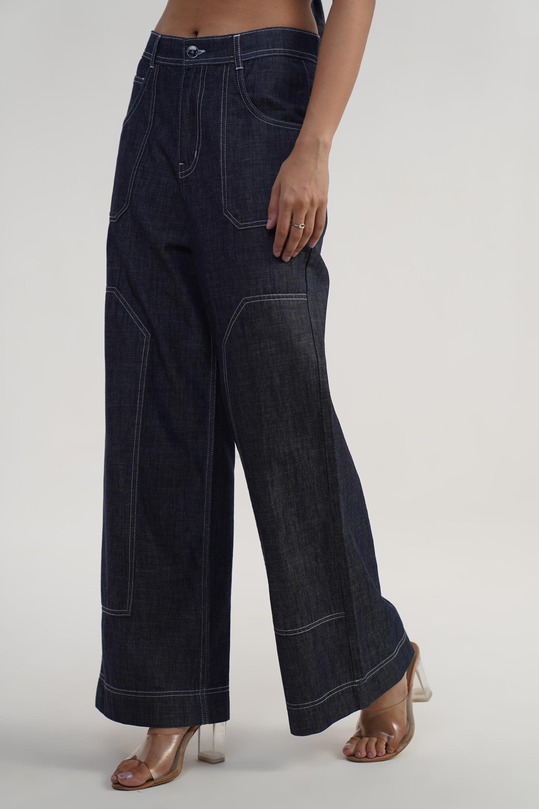 Women’s dark navy blue straight fit denim jeans, 100% cotton, urban style, sizes 26-34, made in India