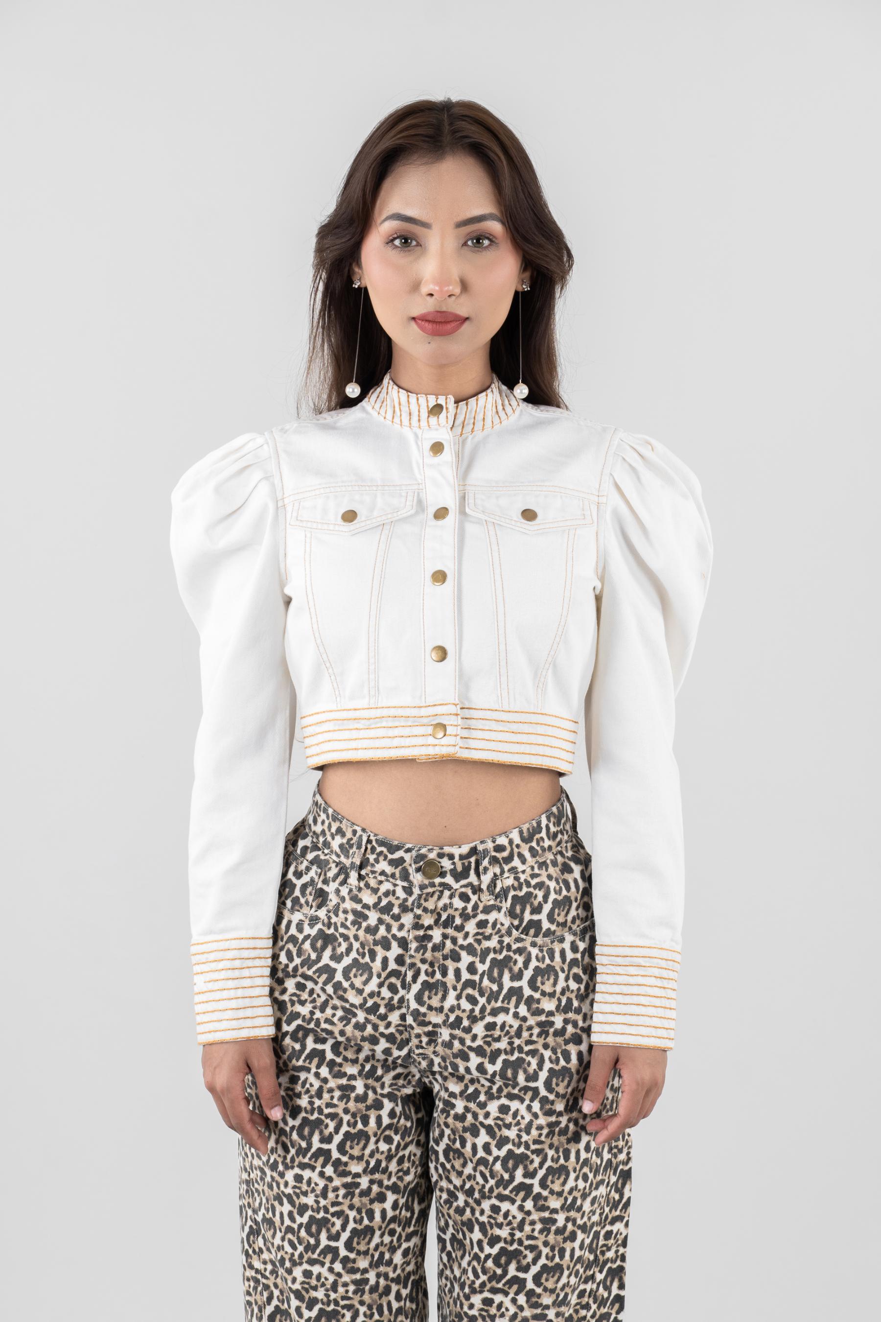 Ivory denim co-ord set for women, 100% cotton urban look, bio-wash, sizes XS-XL, made in India