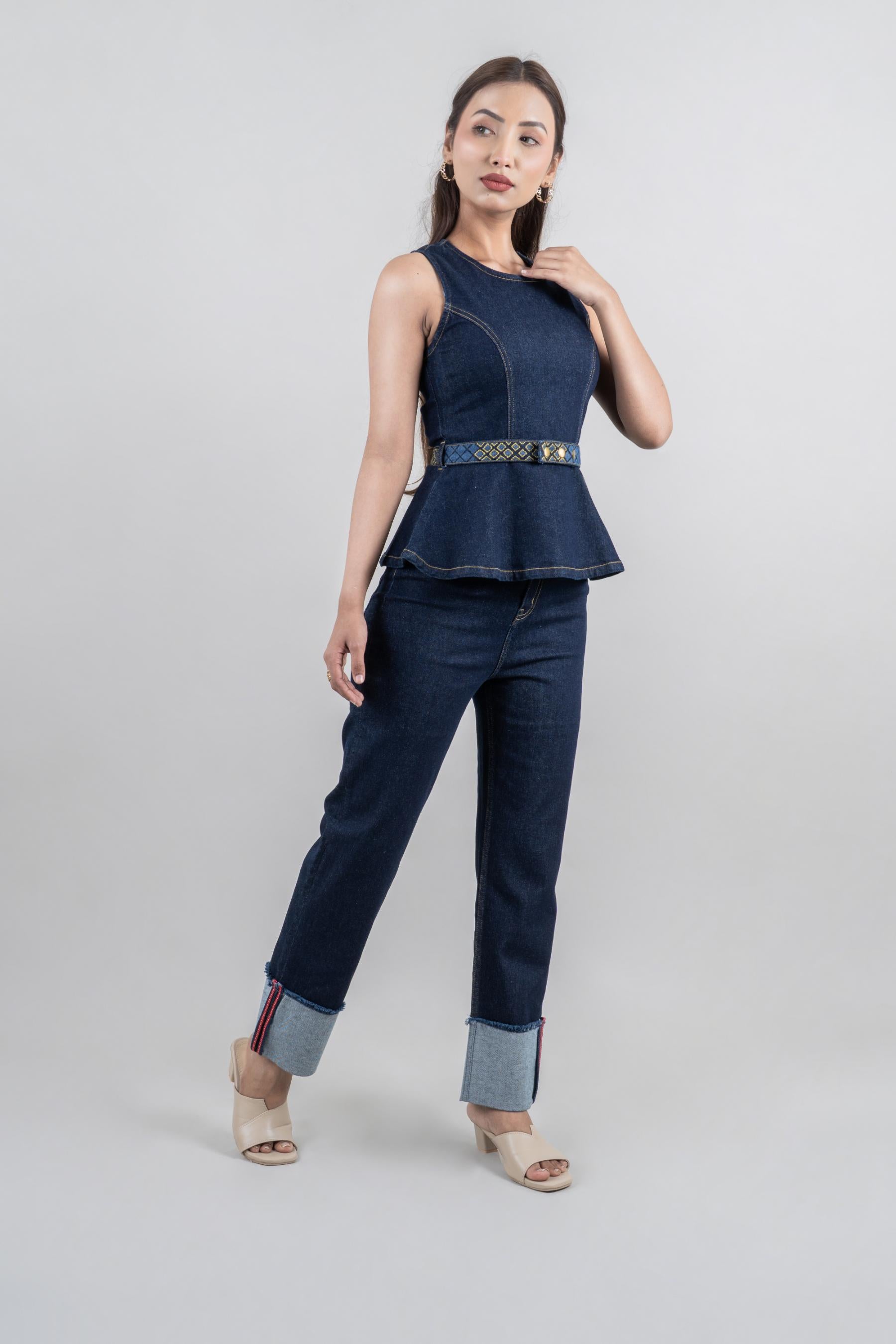 Dark blue belted denim peplum top, stretchable sleeveless style with detachable embroidered belt, sizes XS-XL