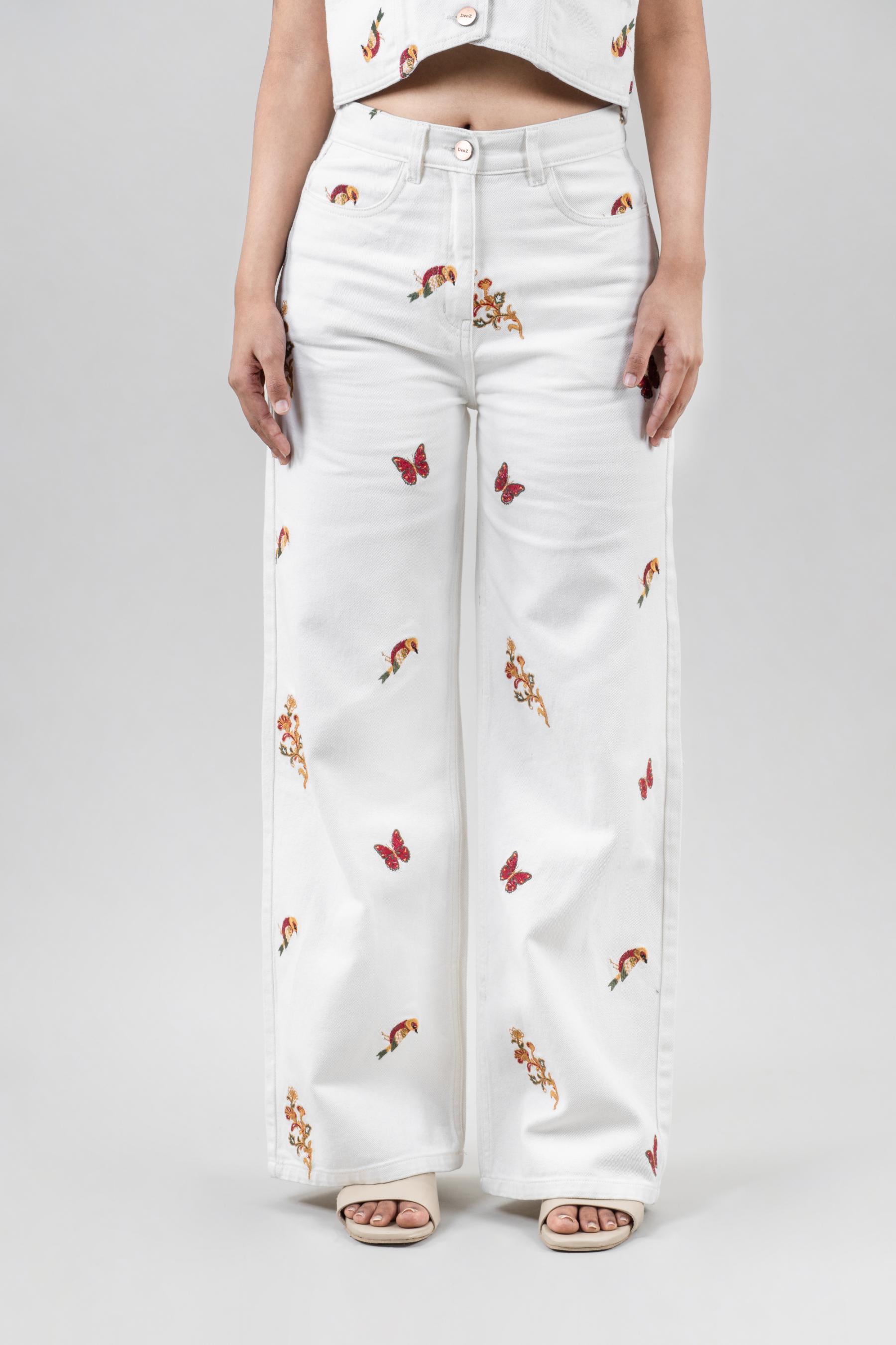 Women’s off-white high rise straight fit embroidered jeans, 100% cotton, urban style with 4 pockets