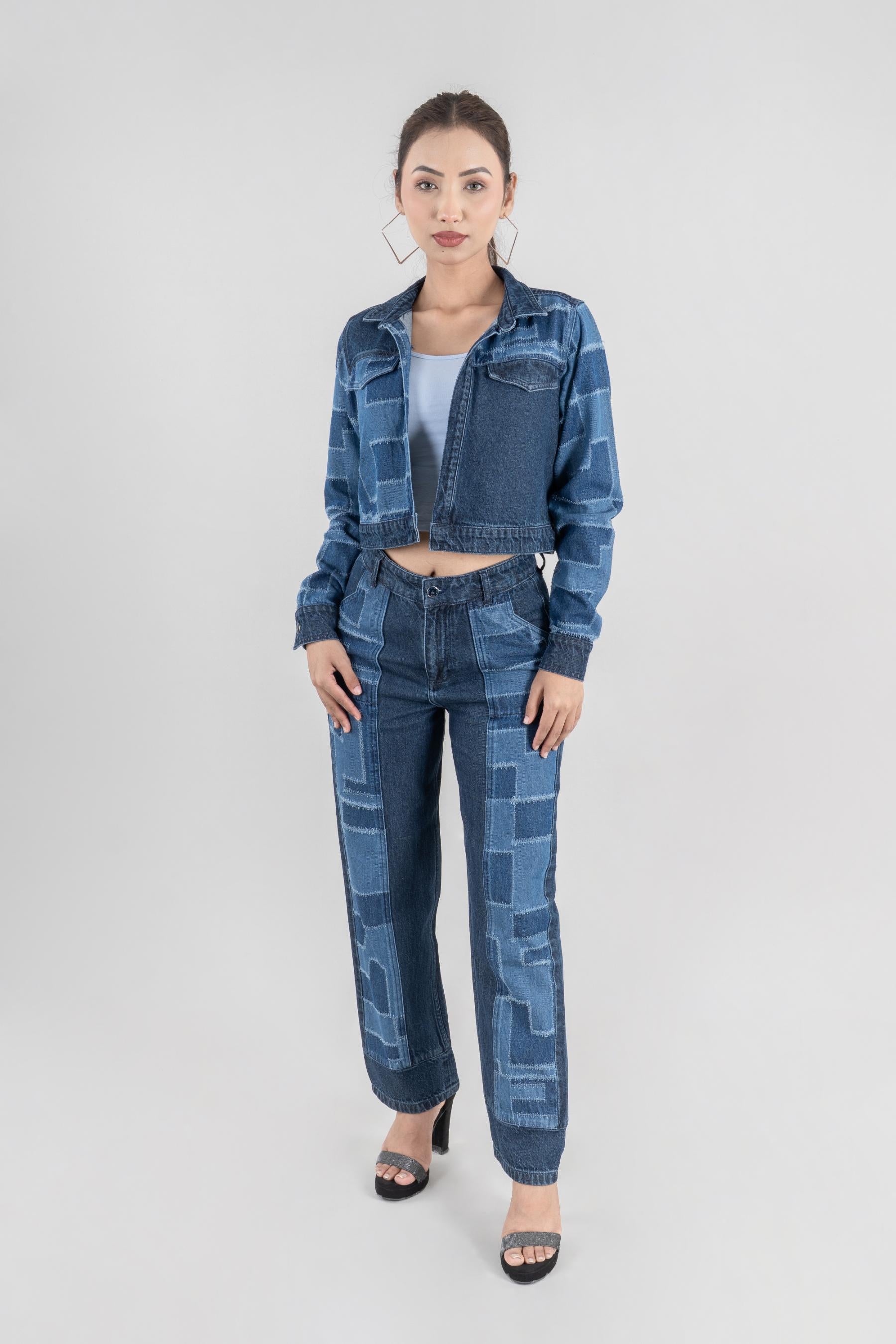 Dark blue women’s co-ord set, relaxed fit denim look in 100% cotton, urban style, sizes XS-XL, made in India