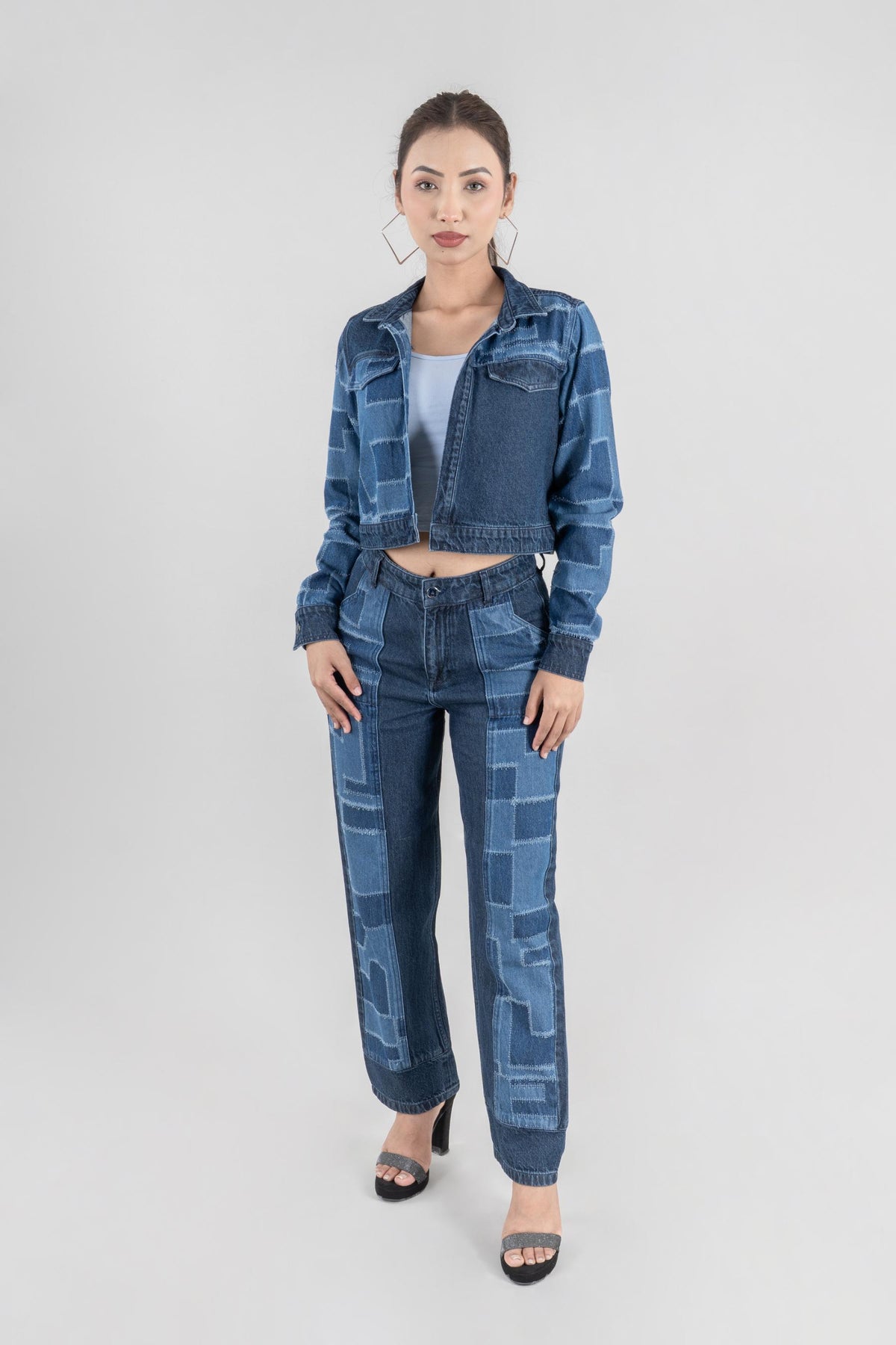 Dark blue women’s co-ord set, relaxed fit denim look in 100% cotton, urban style, sizes XS-XL, made in India