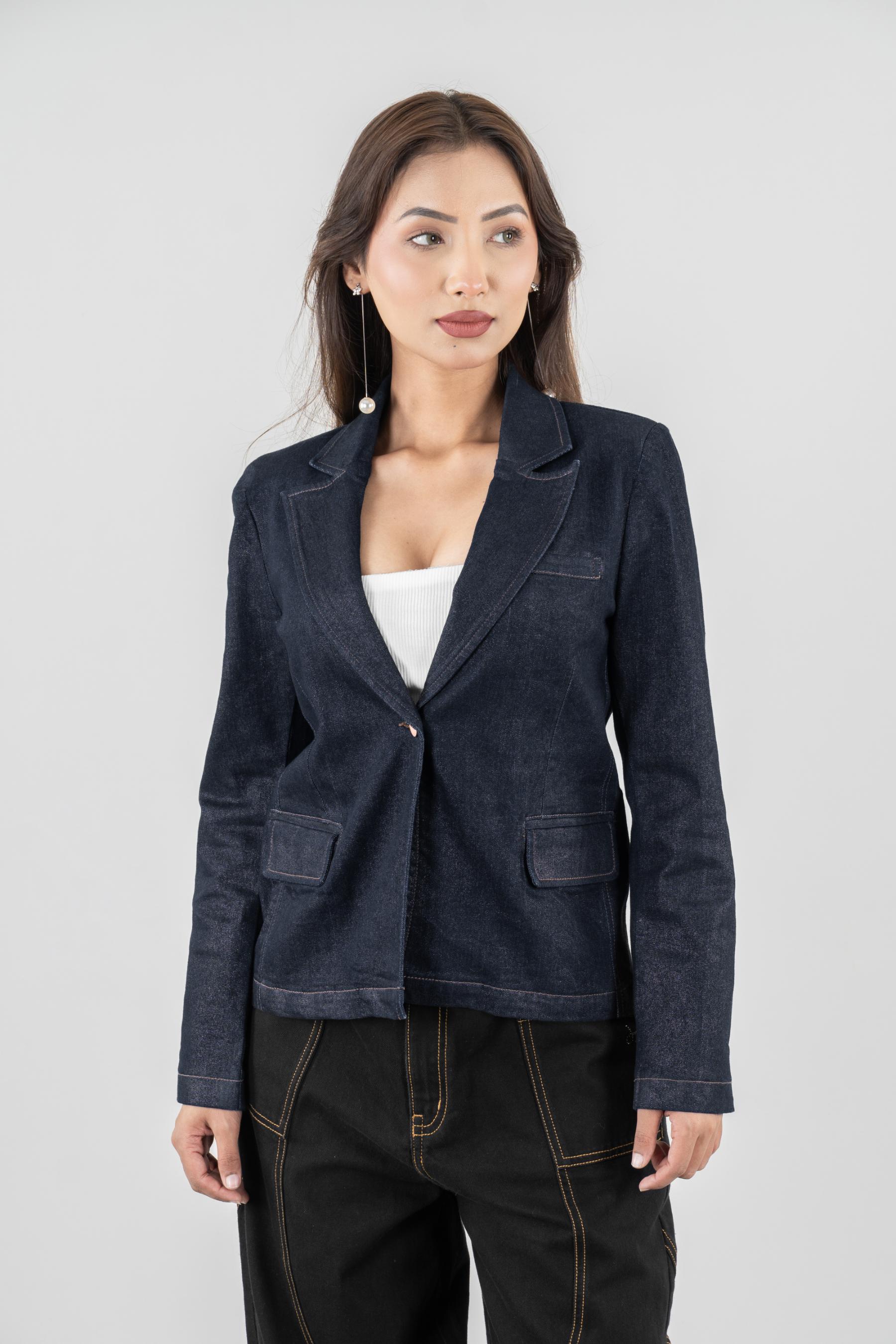 Women dark blue party wear blazer, urban cotton elastane foiling style, bio washed, sizes XS-XL, made in India