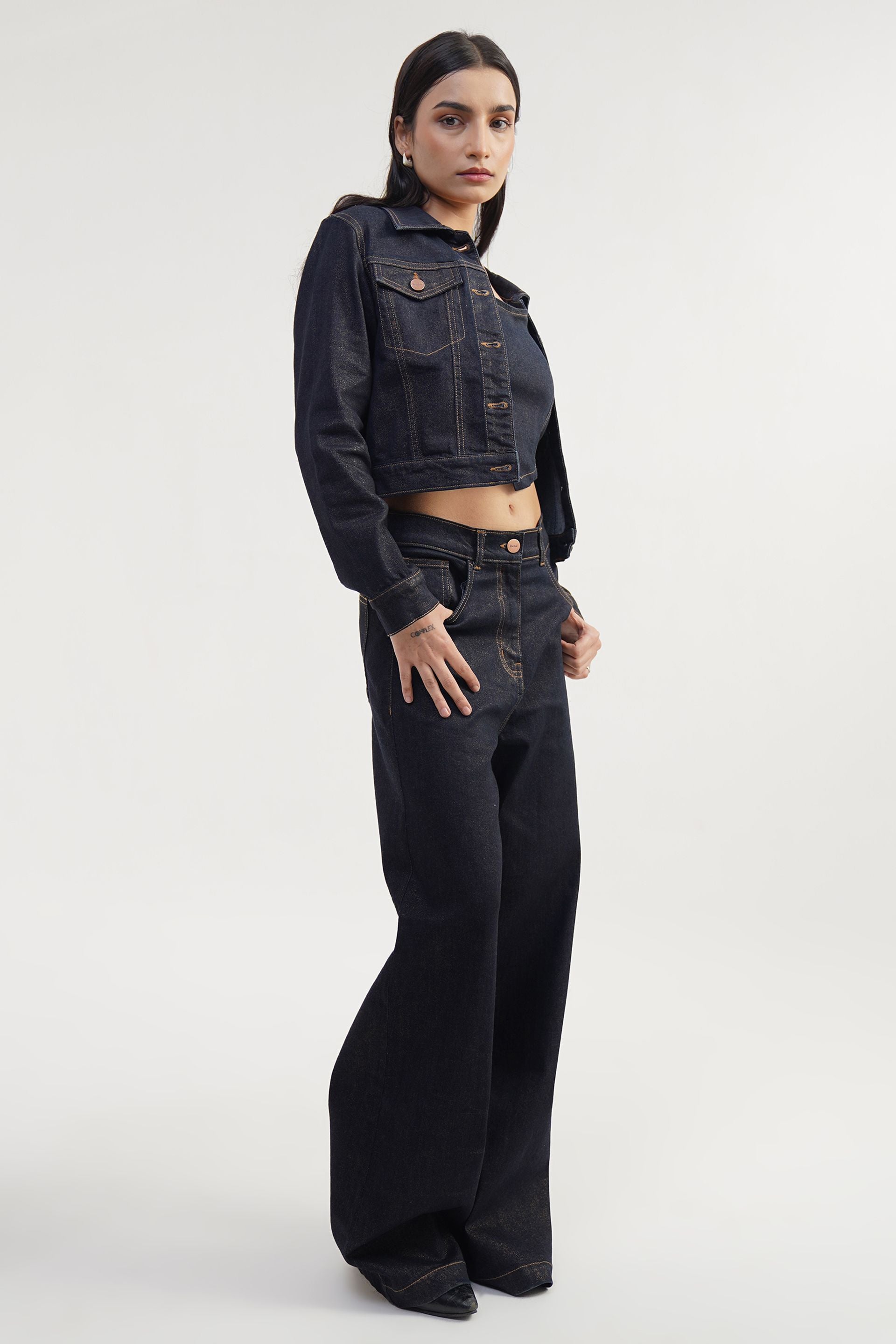 Black denim co-ord set in relaxed fit, minimal party wear for women, cotton elastane, sizes XS-XL