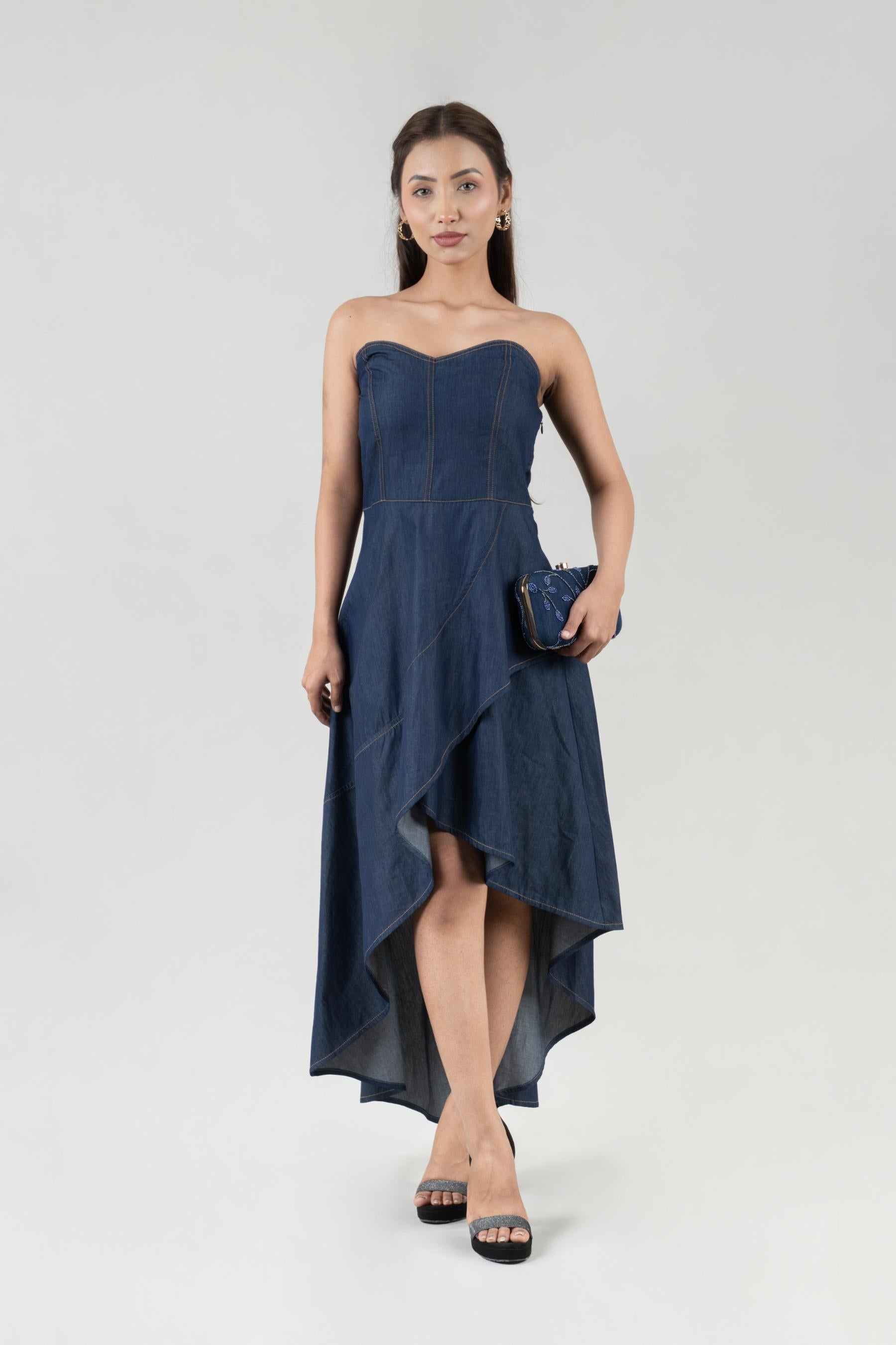 Women’s Dress Dark Blue Off Shoulder Denim Dress XS-XL