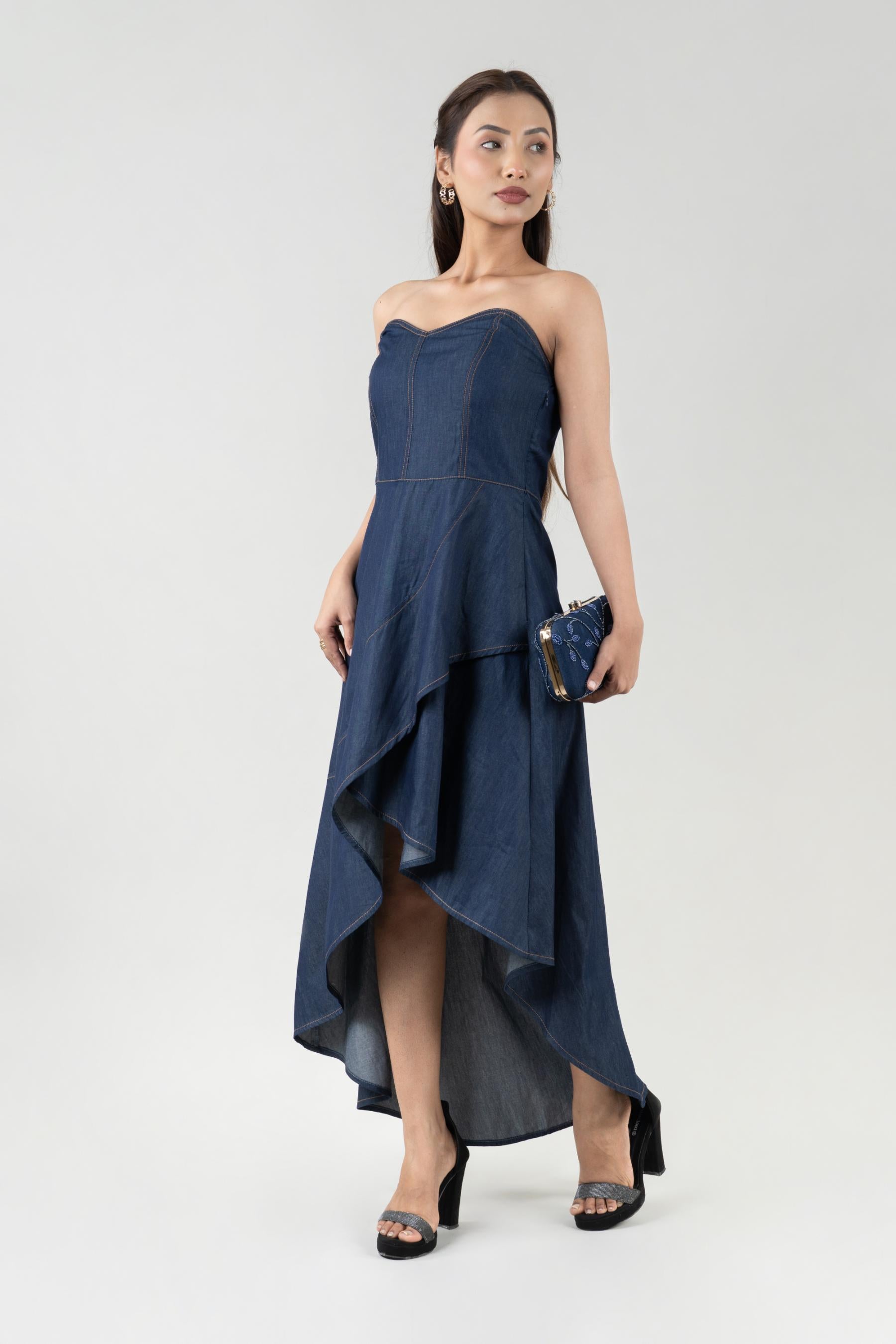 Women’s Dress Dark Blue Off Shoulder Denim Dress XS-XL
