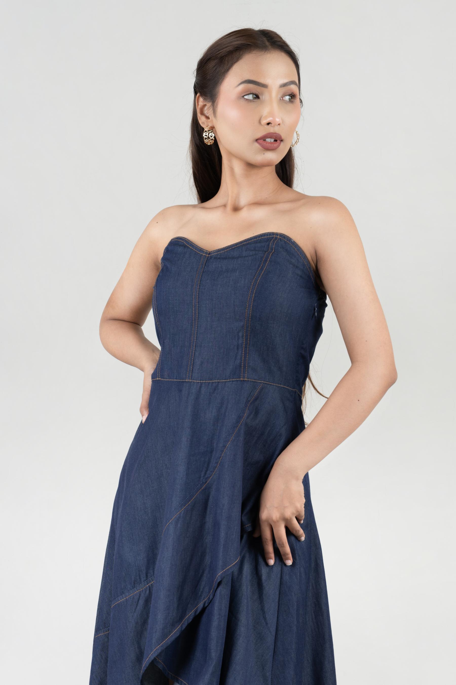 Women’s Dress Dark Blue Off Shoulder Denim Dress XS-XL