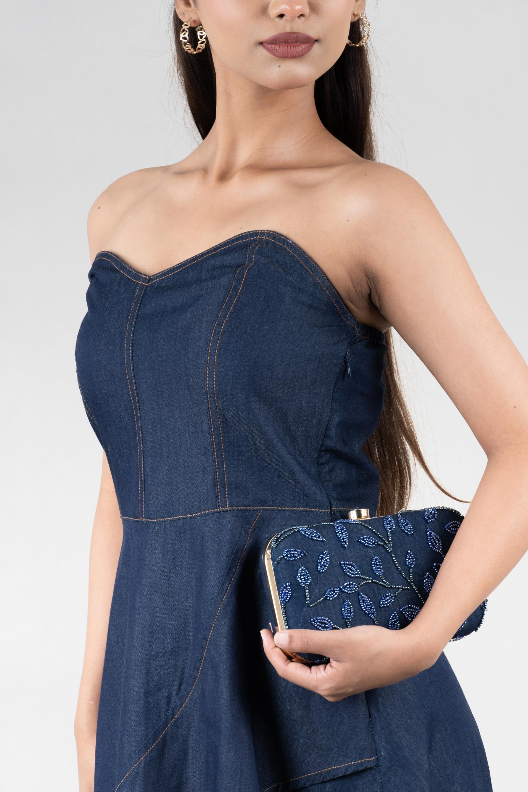 Women’s Dress Dark Blue Off Shoulder Denim Dress XS-XL