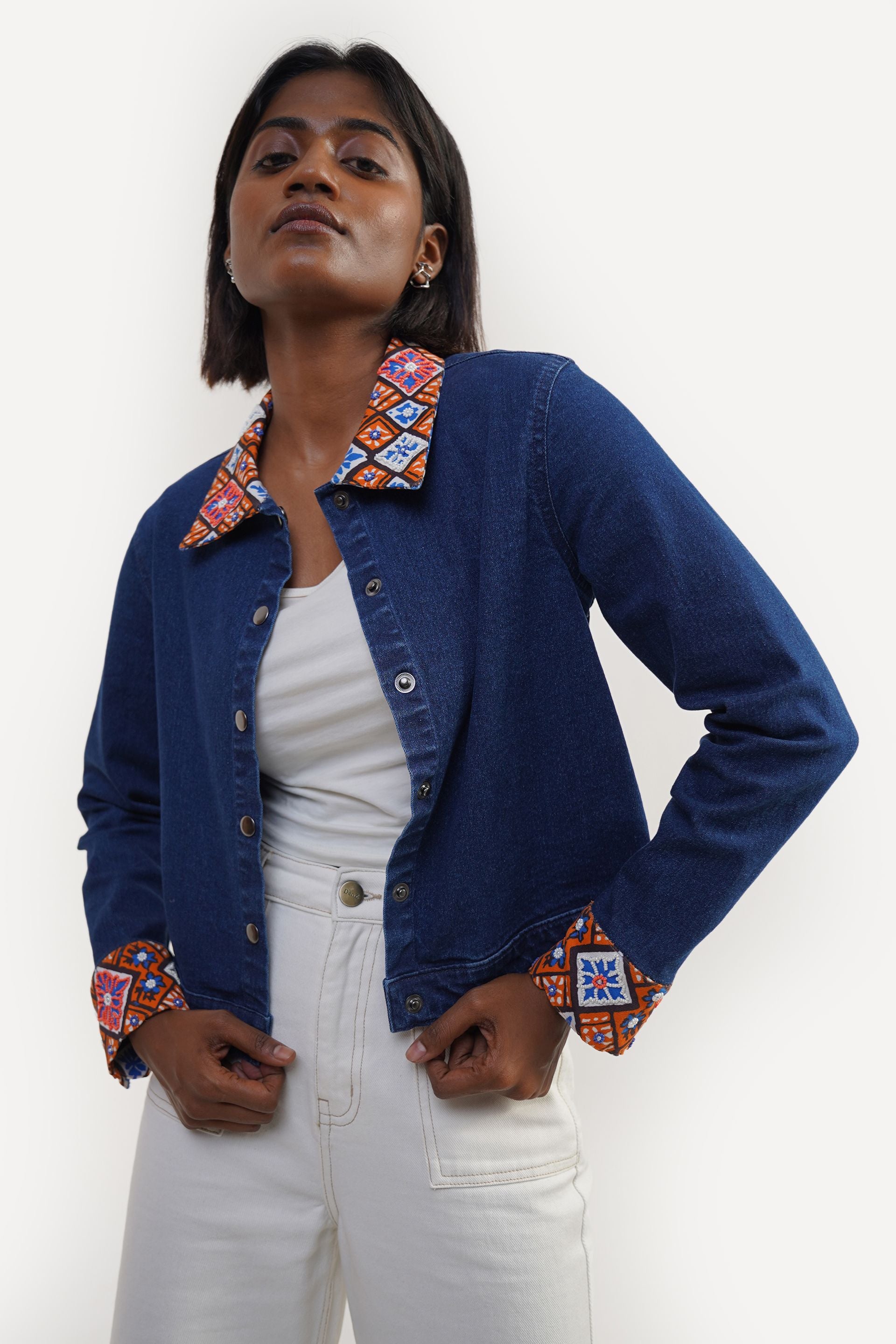 Mid blue printed jacket, cropped with embellished digital print collar and cuffs, cotton blend, snap button front
