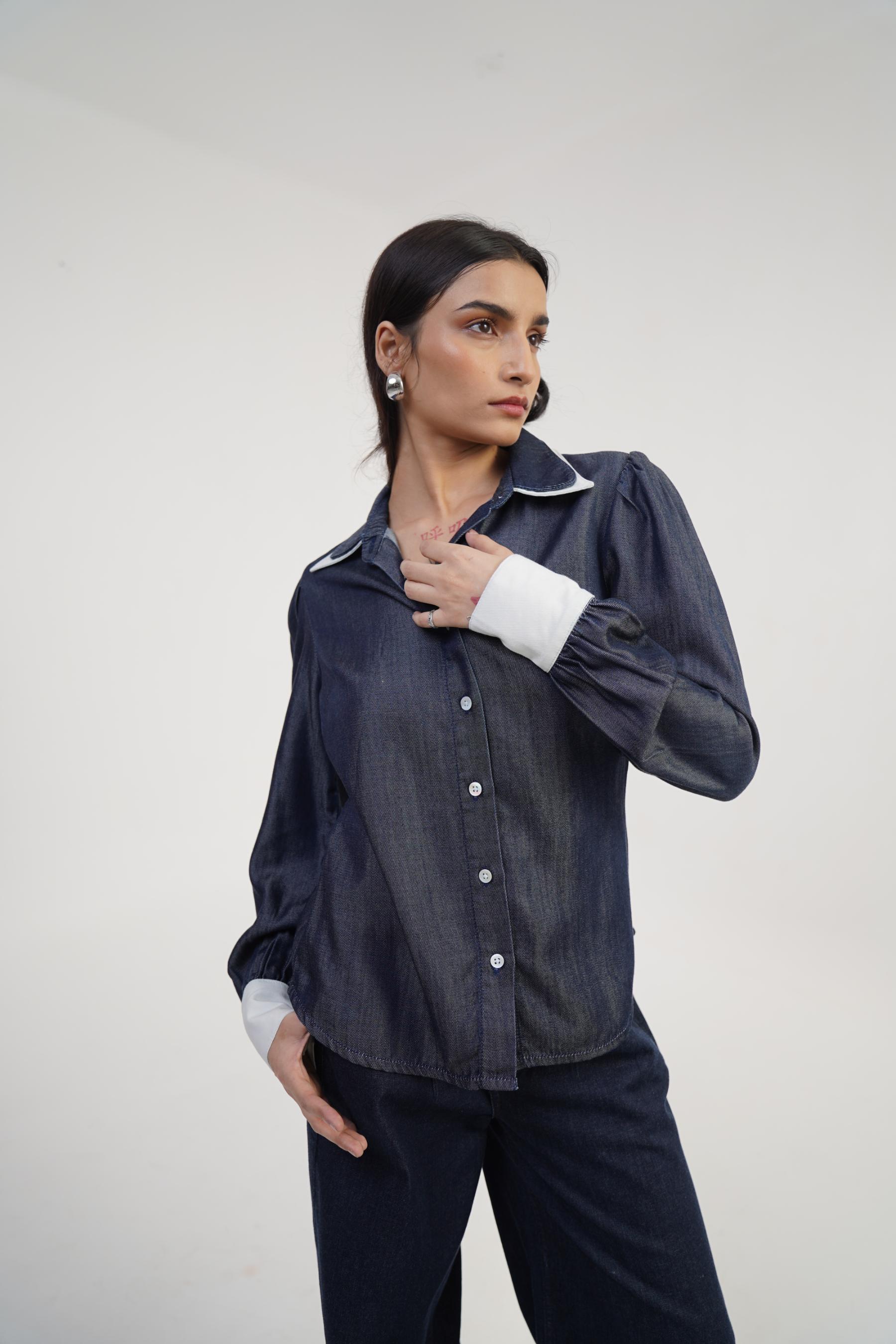 Women dark blue denim shirt, regular fit, 100% cotton, rinse wash, minimal style, sizes XS-XL, made in India