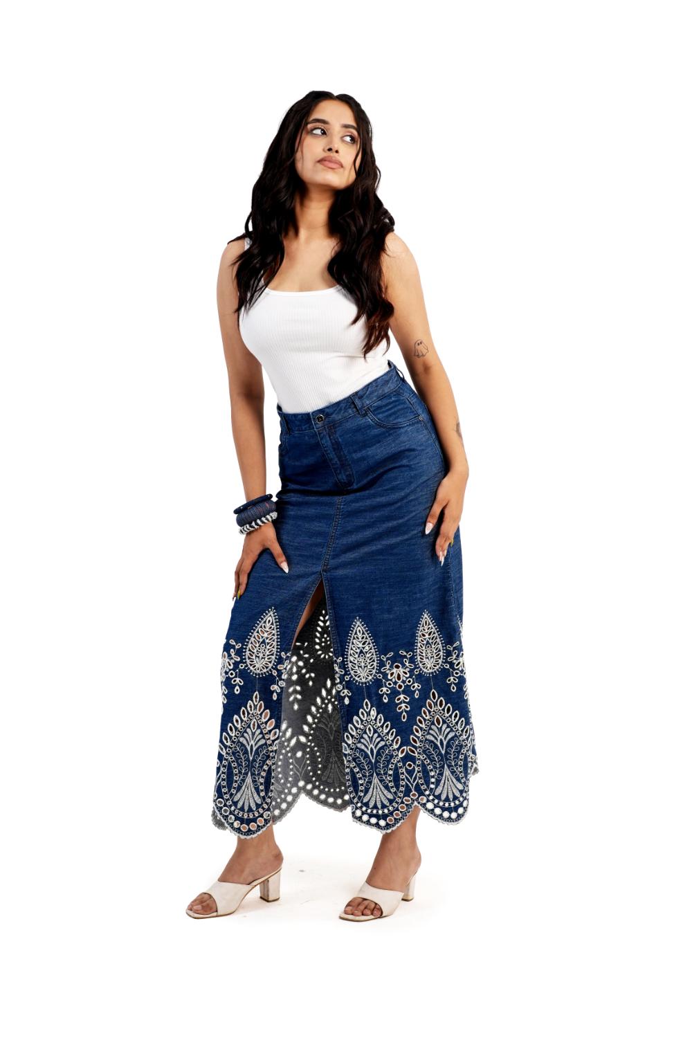 Schiffli Grace | Denim Schiffli Embroidery Skirt