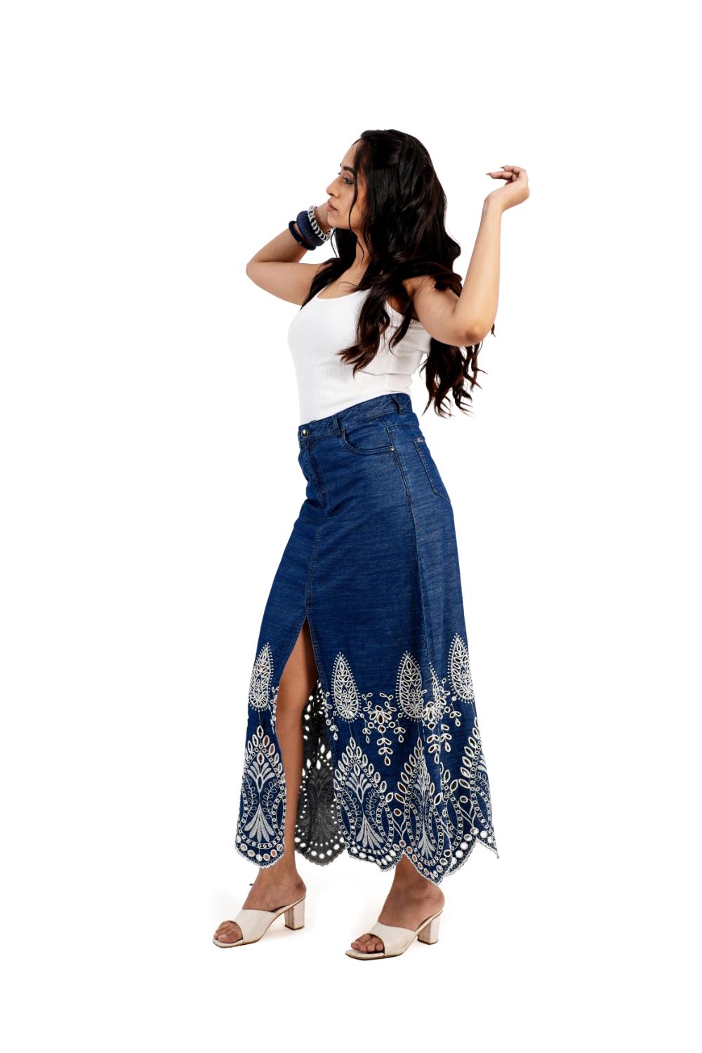 Schiffli Grace | Denim Schiffli Embroidery Skirt