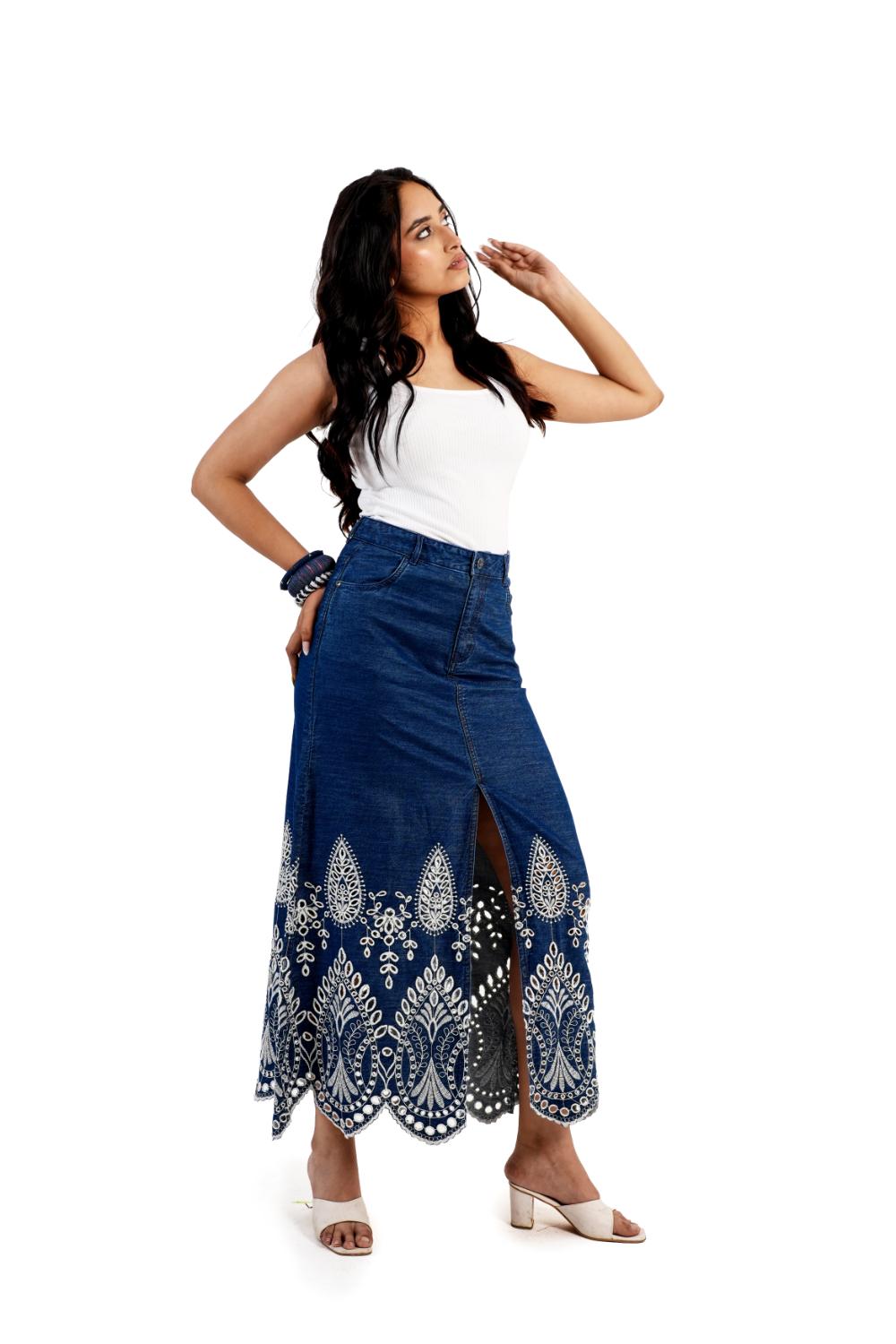 Schiffli Grace | Denim Schiffli Embroidery Skirt