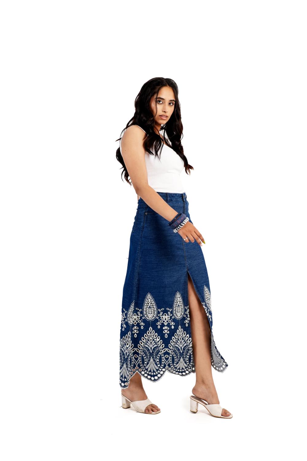 Schiffli Grace | Denim Schiffli Embroidery Skirt