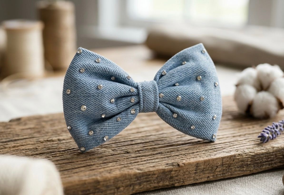 Multicolor Cotton Baby Hair Bow Clips - Denim Style from India