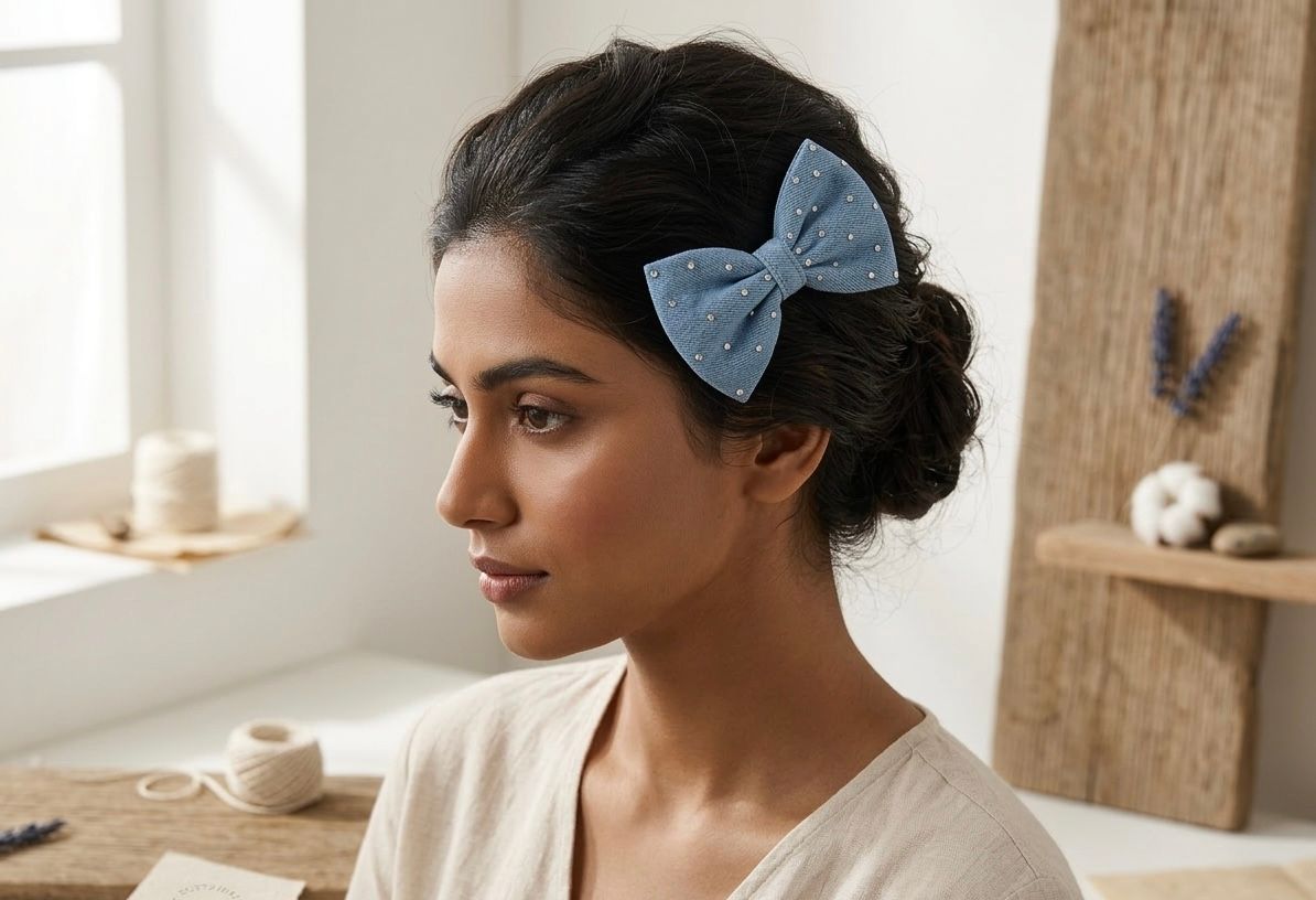 Multicolor Cotton Baby Hair Bow Clips - Denim Style from India