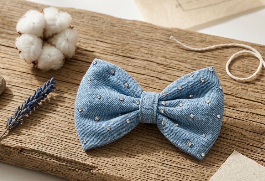 Multicolor Cotton Baby Hair Bow Clips - Denim Style from India