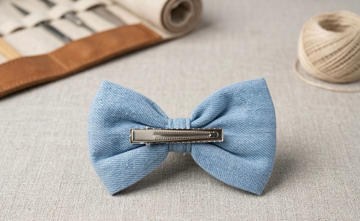 Multicolor Cotton Baby Hair Bow Clips - Denim Style from India