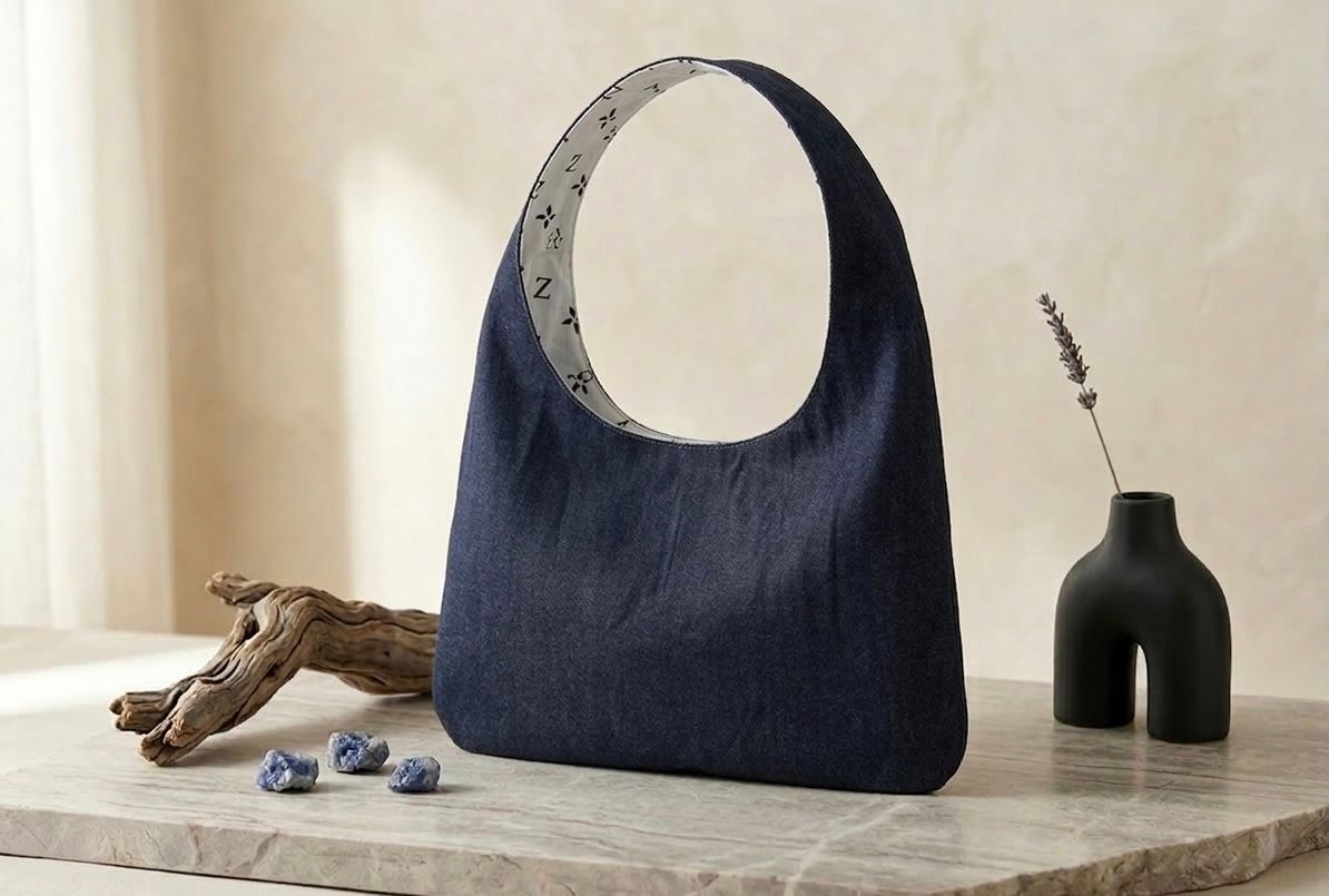 Multi color denim tote bag, 100% cotton shoulder bag for womens, handmade in India