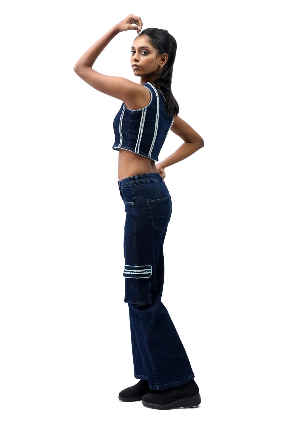 Selvedge Denim Co-ord | Crop top with cargo pocket highrise straight fit jeans