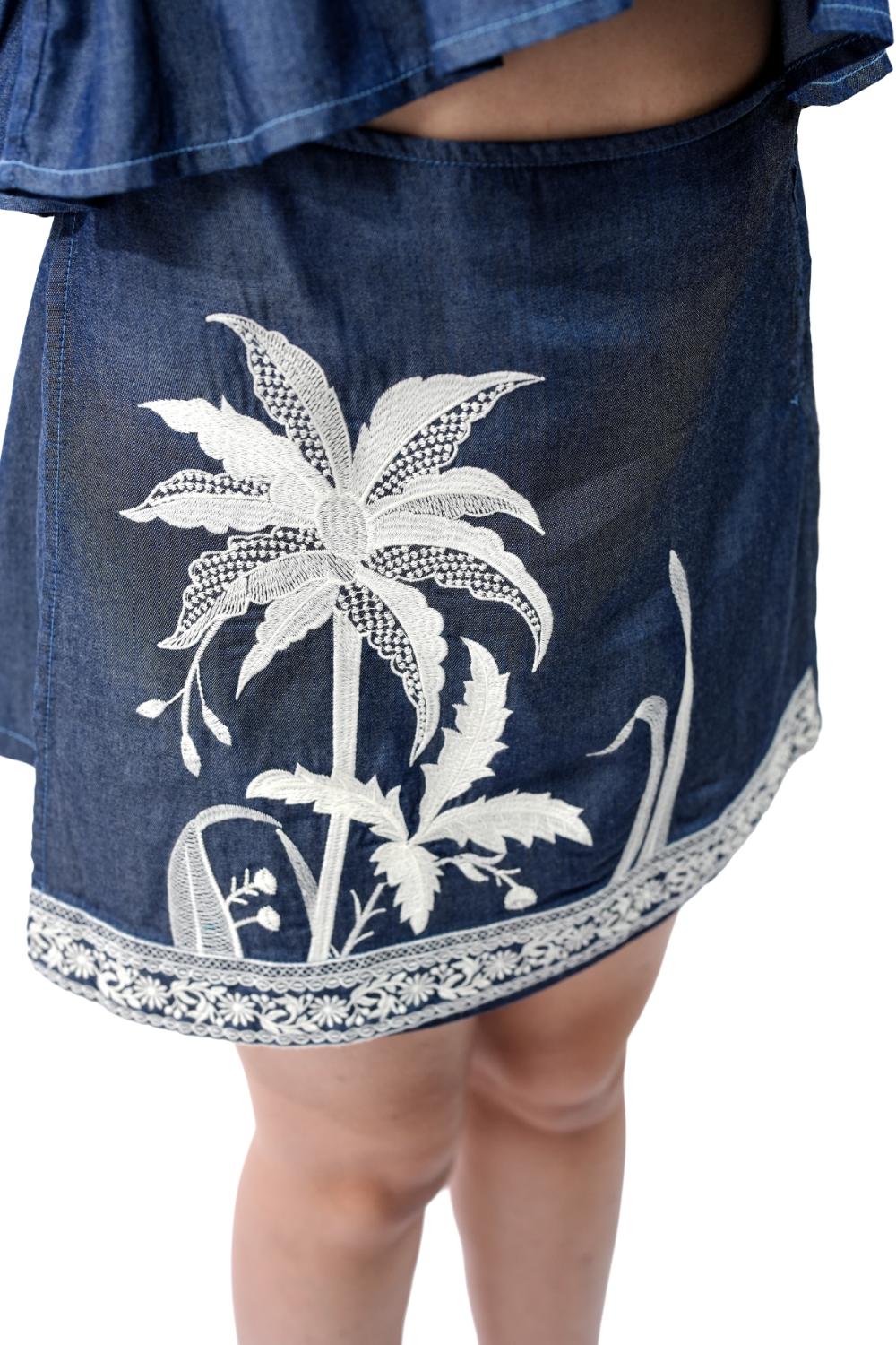 Coastal Tropic|Embroiderd peplum top with wrap illusion mini skirt