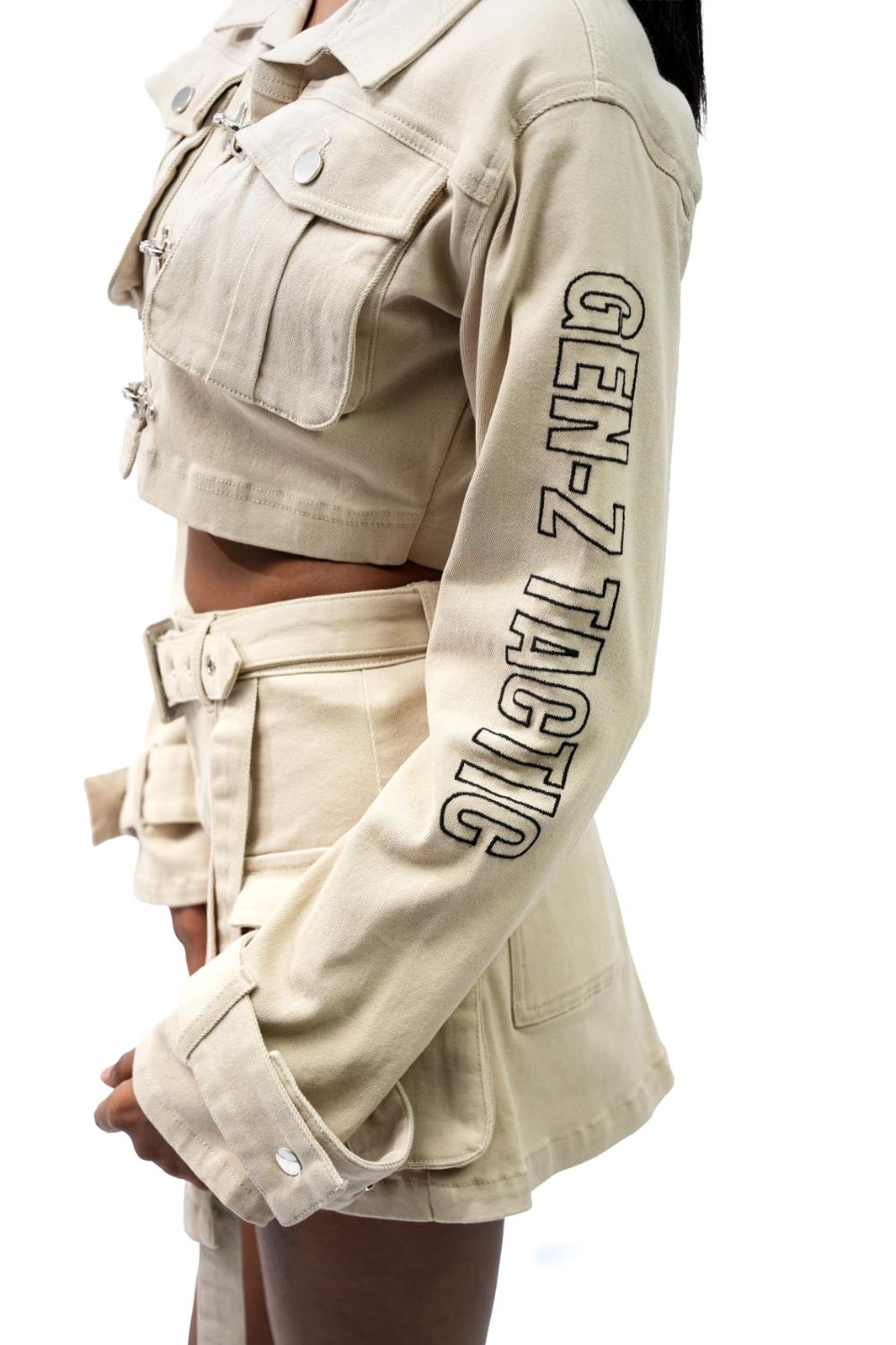 Nomad Chic Co-ord|Beige Denim Crop Jacket With Fancy Hook Opening Along With Cargo Pocket Mini Skirt