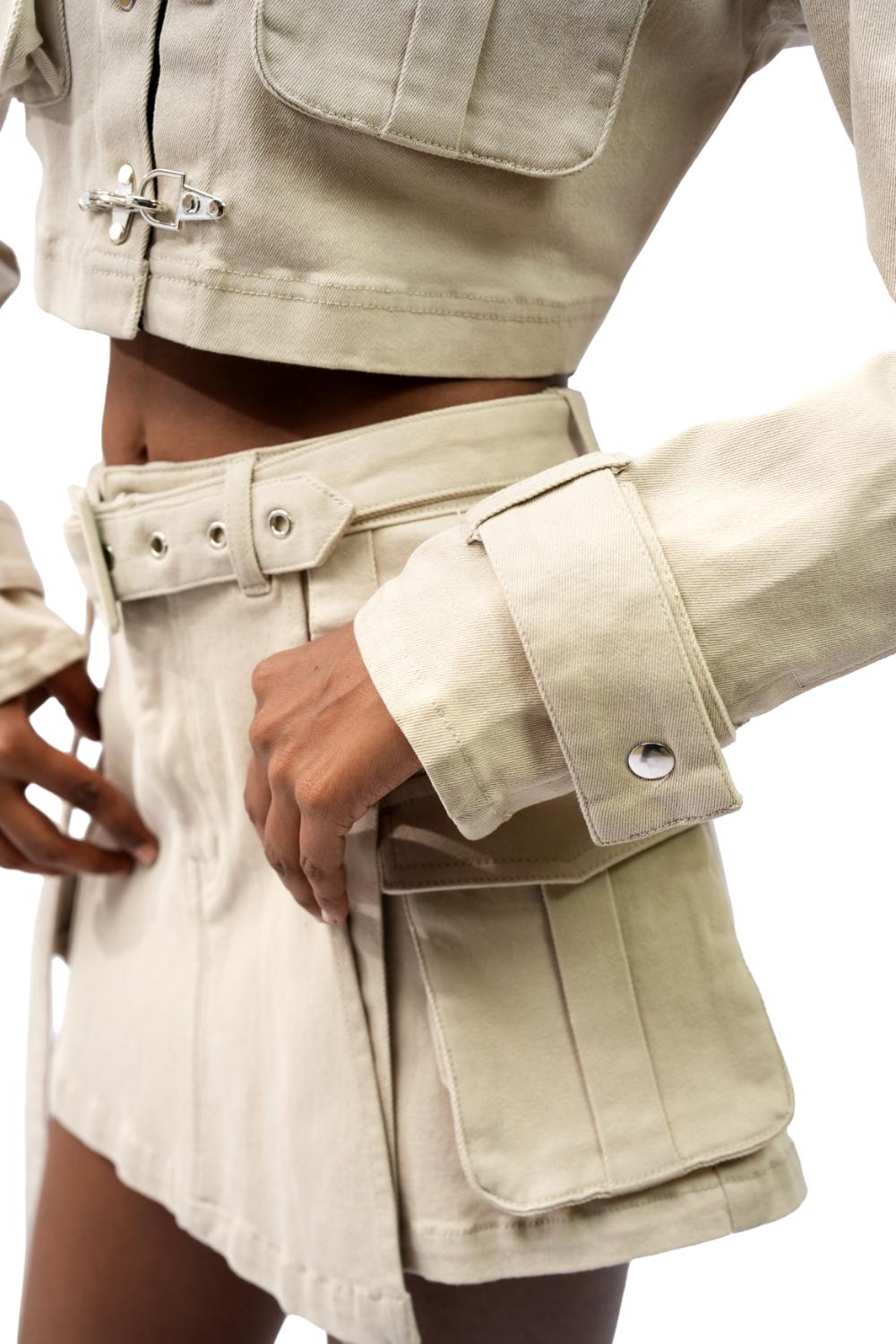 Nomad Chic Co-ord|Beige Denim Crop Jacket With Fancy Hook Opening Along With Cargo Pocket Mini Skirt