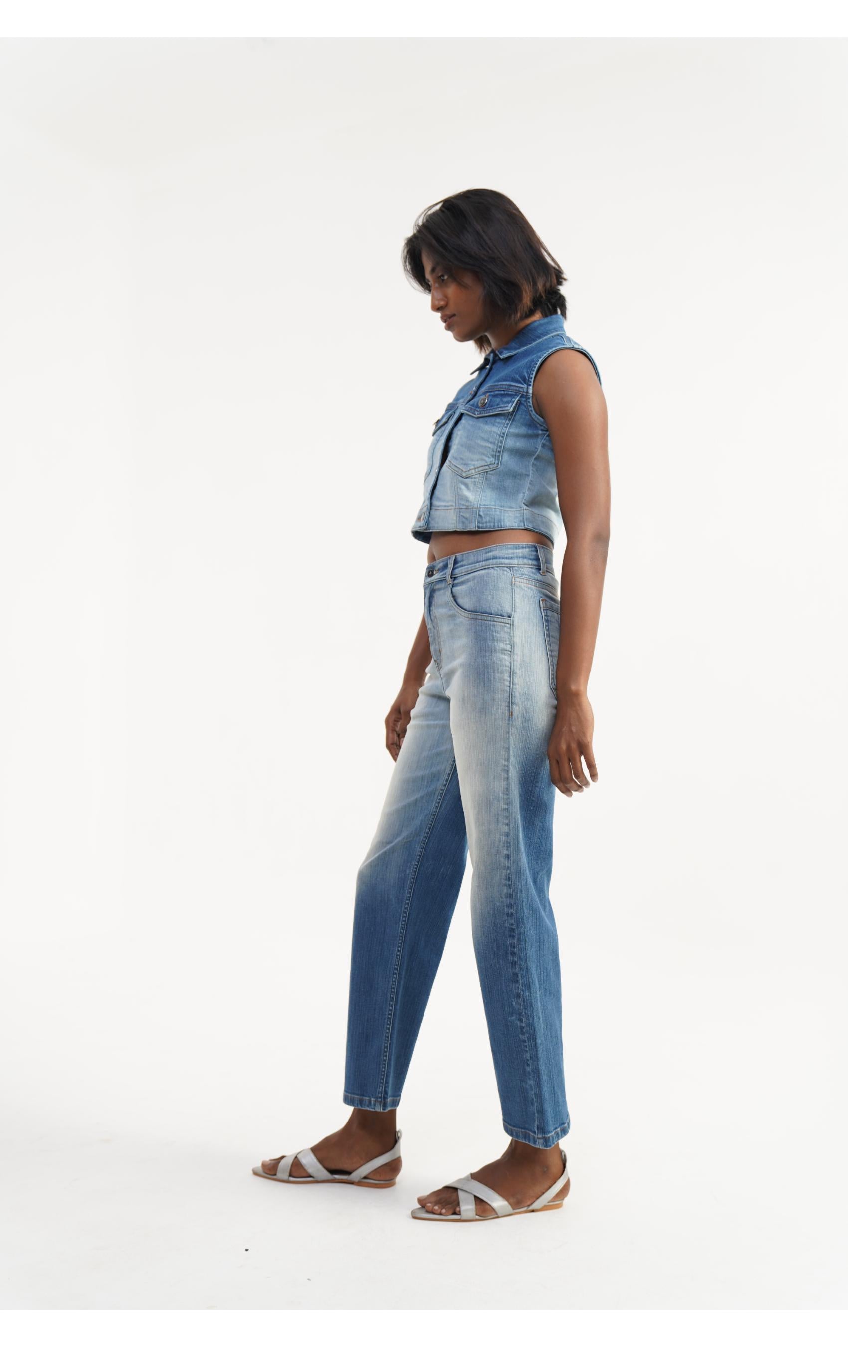 Women’s denim co-ord set mid blue, relaxed fit, trending cotton stretch dark ombre wash, sizes XS-XL