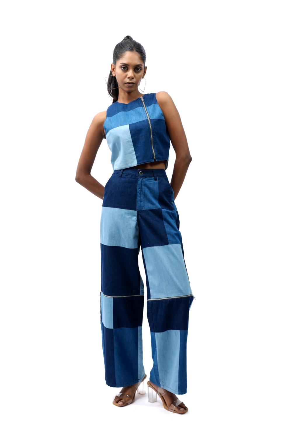 Statement Denim | Upcycled side zip opening top along with convertable jeans or jorts