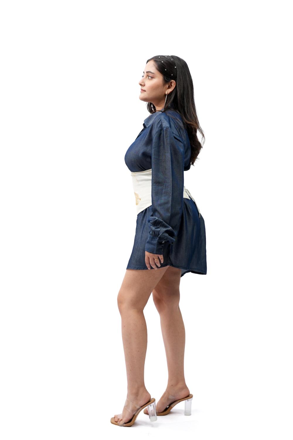 Indigo Botanica | Highlow shirt dress with natural print corset