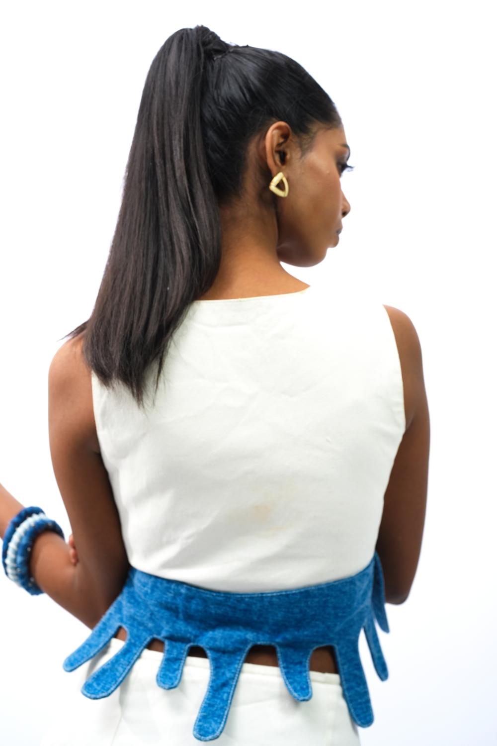 Neo Upcycle set|Offwhite Denim Crop Top With Denim Wave Hem Along With Skirt