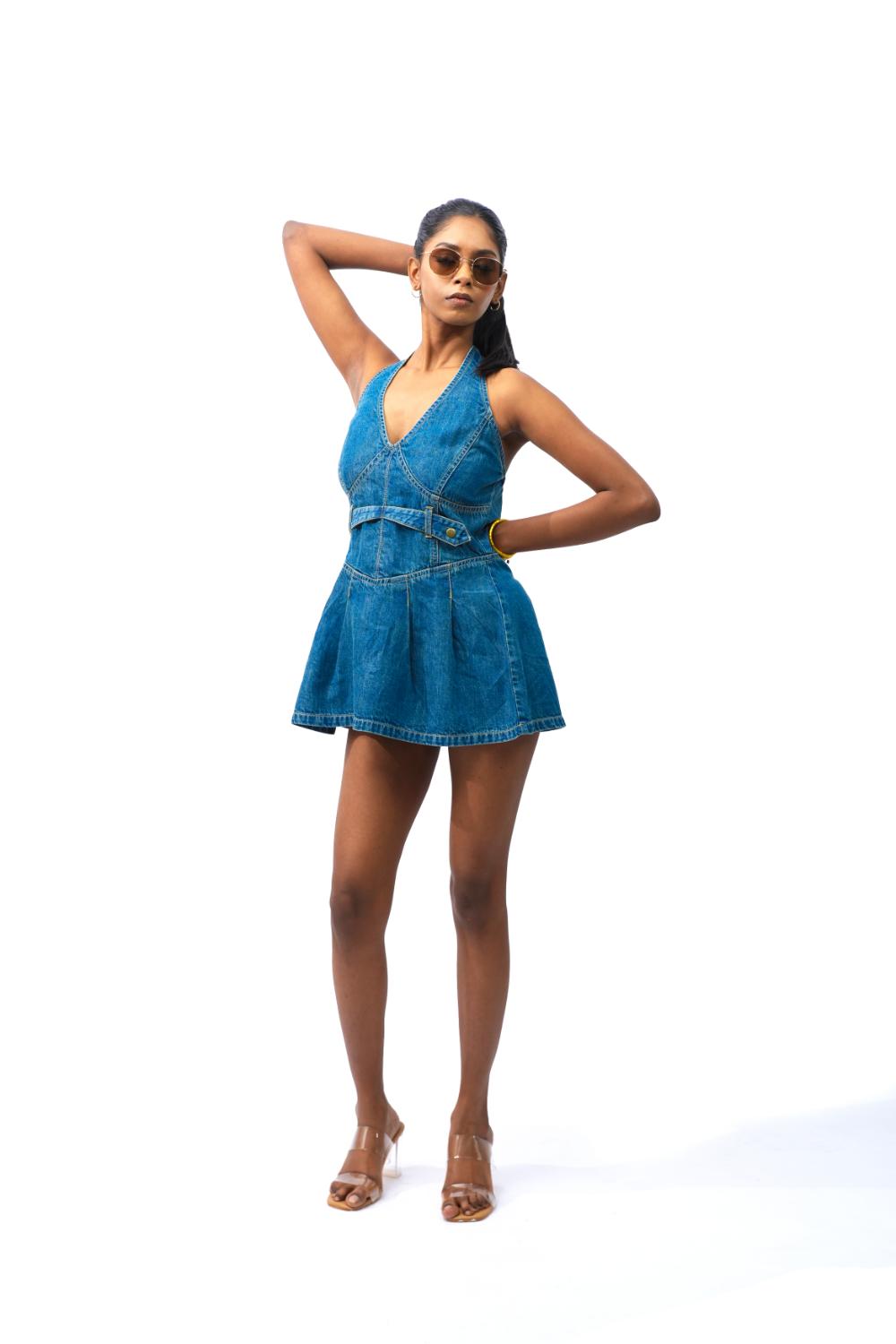 Blue Sculpt | Halter neck tinted mini dress