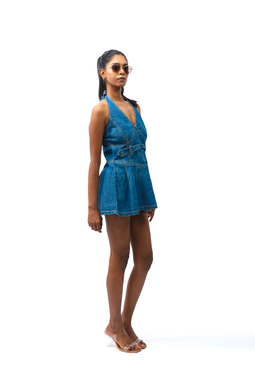 Blue Sculpt | Halter neck tinted mini dress