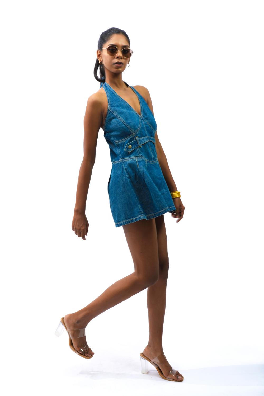 Blue Sculpt | Halter neck tinted mini dress