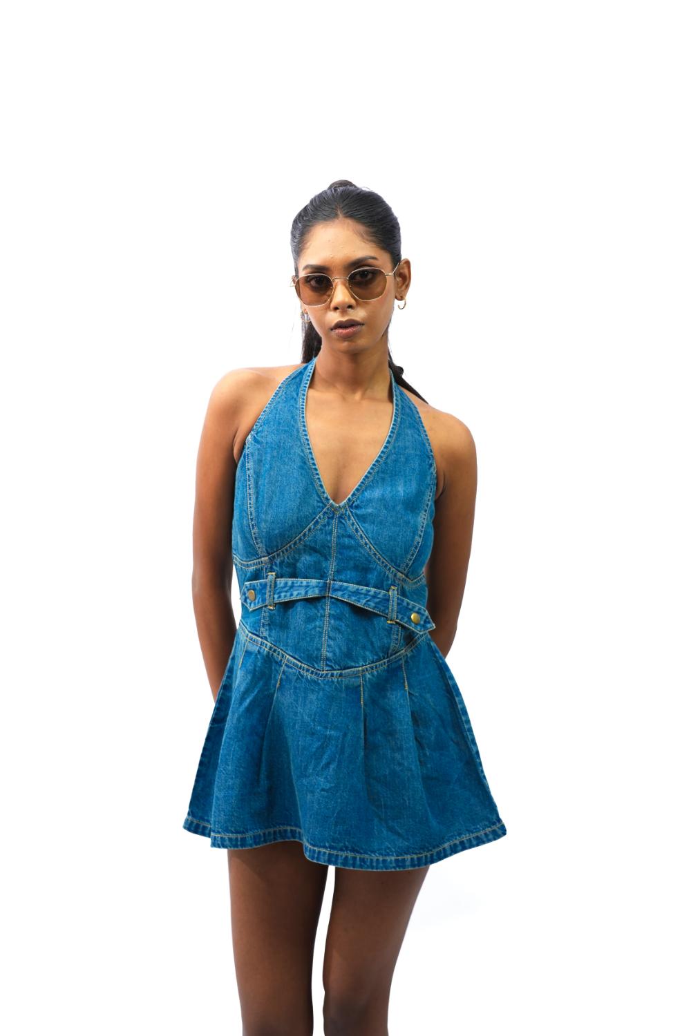 Blue Sculpt | Halter neck tinted mini dress