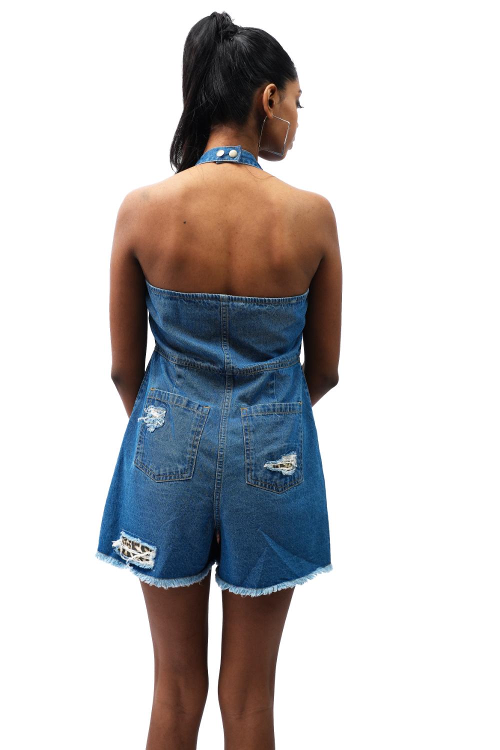 Feral Indigo|Ripped Halterneck Front Zip Opening Jumpsuit