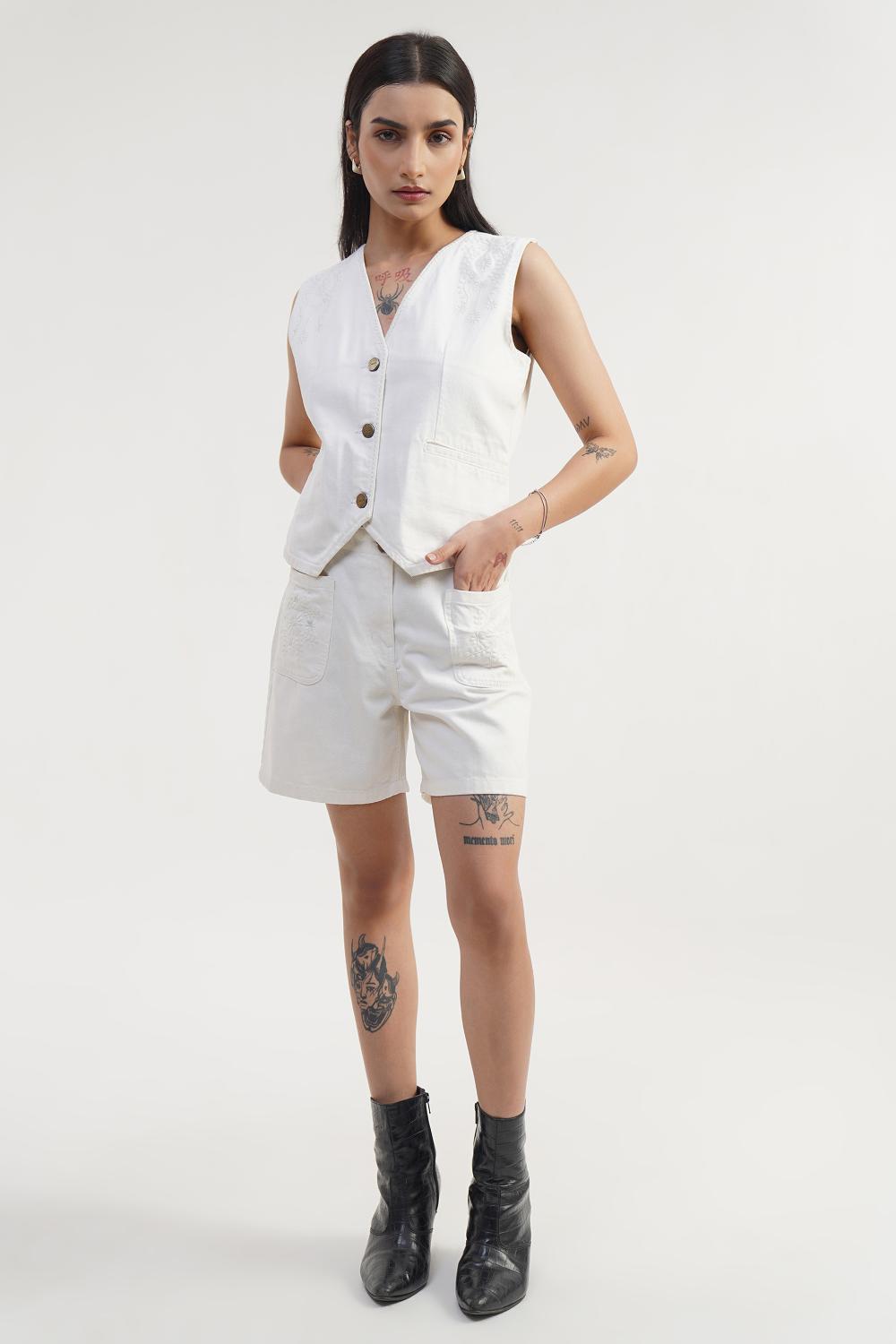 Ivory Thread | Women White Denim Shorts